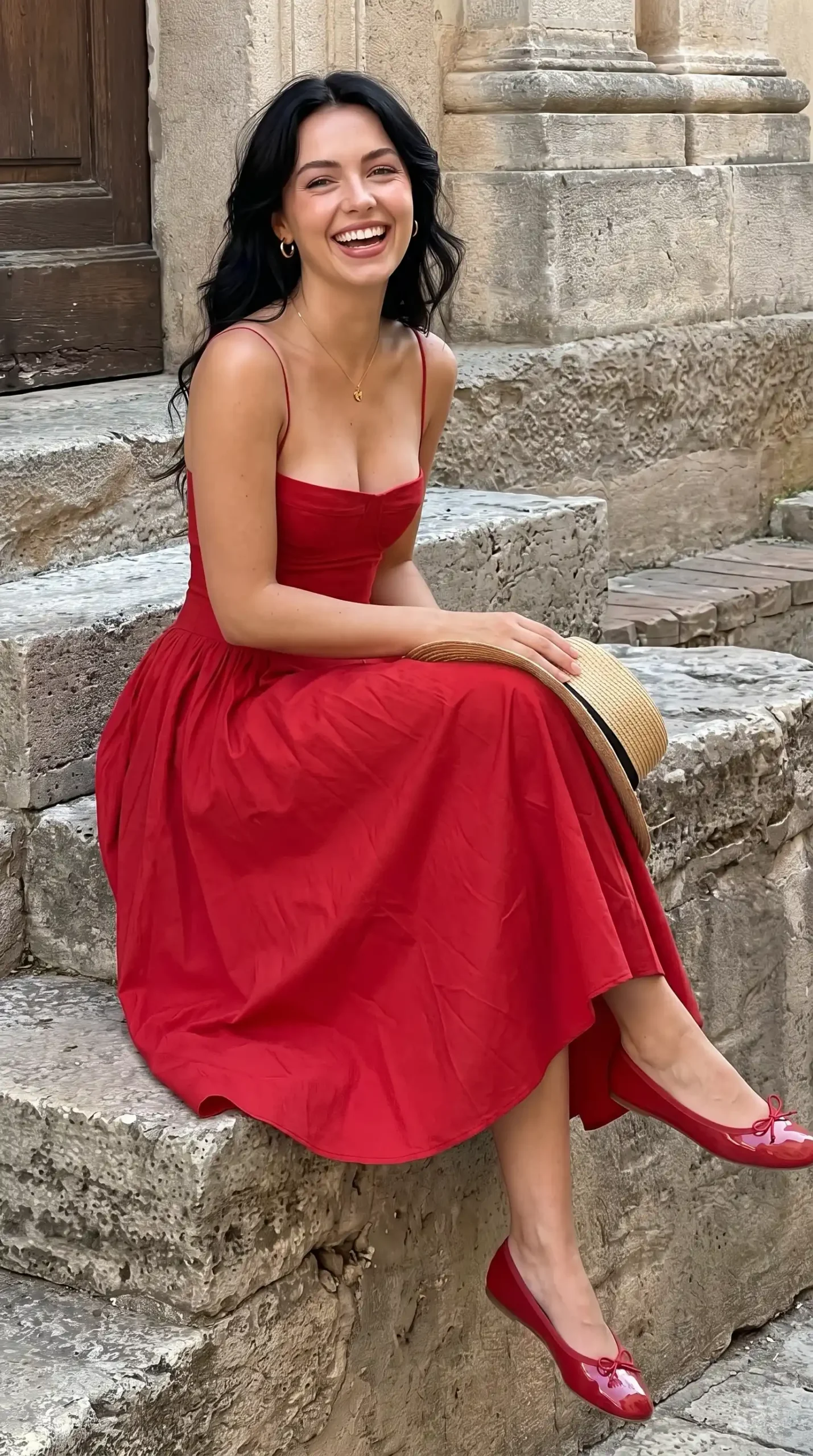 Woman laughing in red sweetheart spaghetti strap midi dress sitting on stone steps