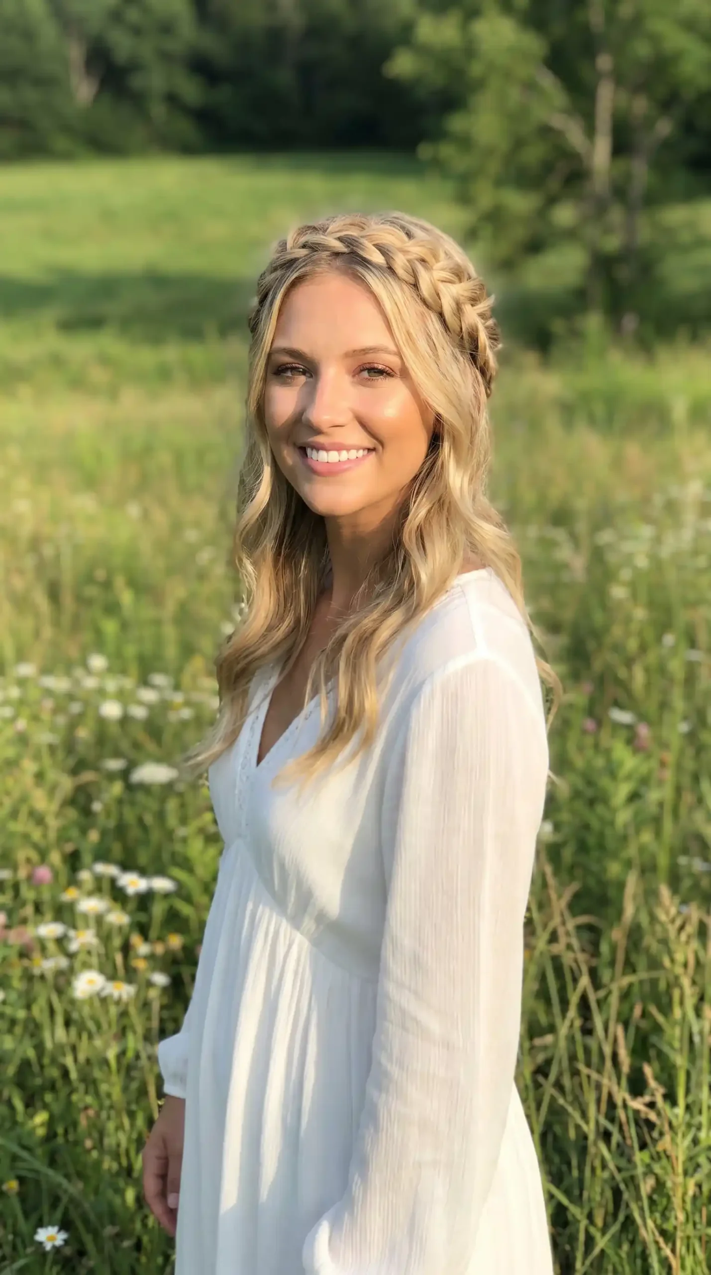 Woman with golden blonde romantic braided crown hairstyle