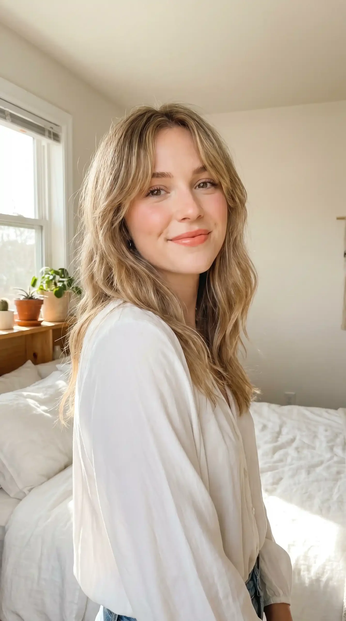 Woman with sandy blonde soft curtain bangs and romantic waves