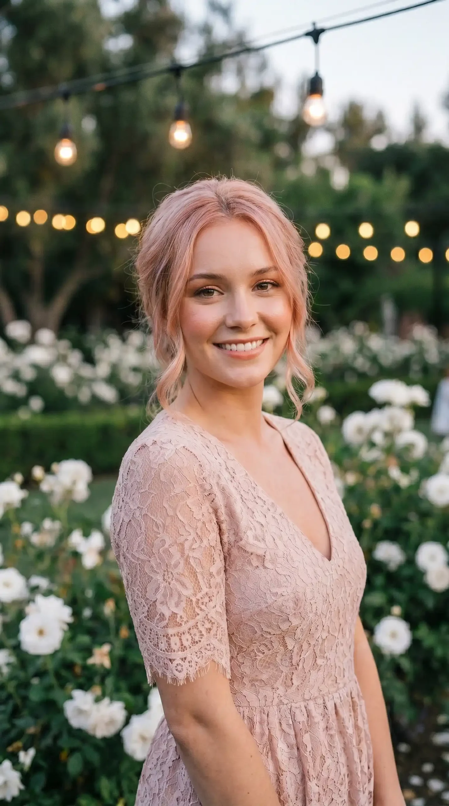 Woman with rose gold blonde soft updo and delicate face framing pieces