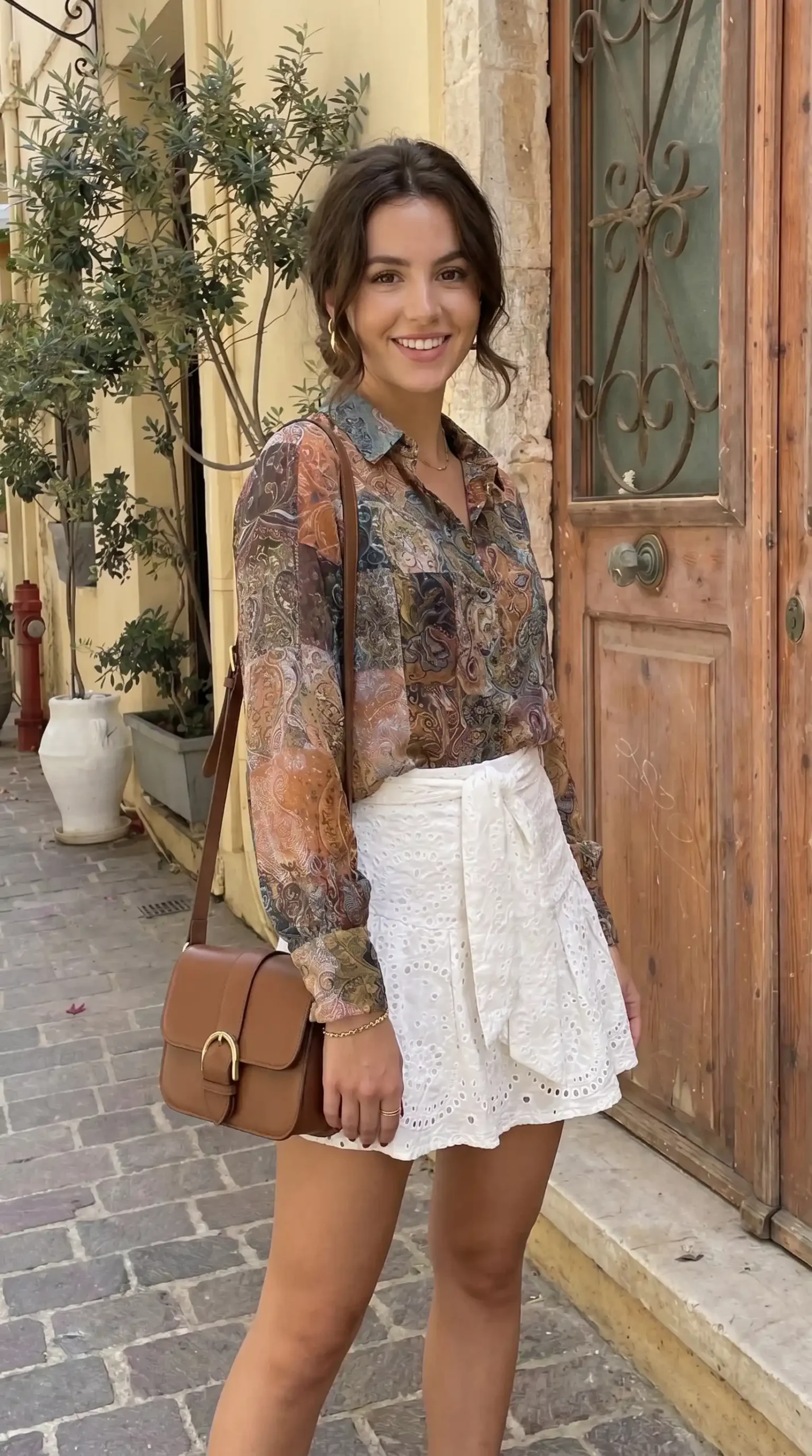 Woman wearing brown paisley shirt with white eyelet mini skirt and brown bag