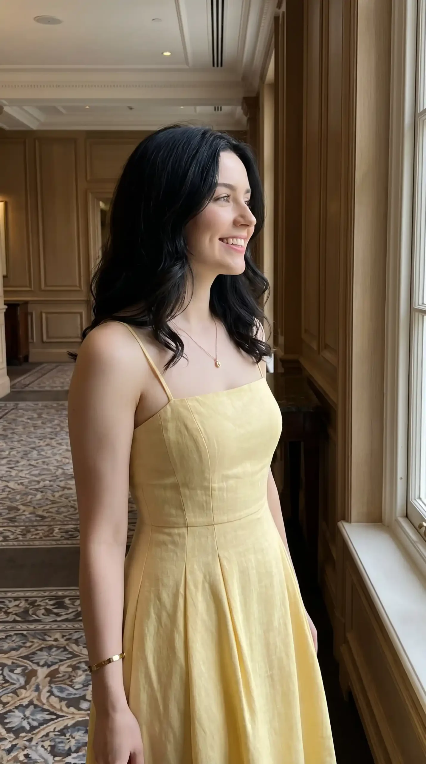 Woman wearing butter yellow linen spaghetti strap A line midi dress indoors by window in summer