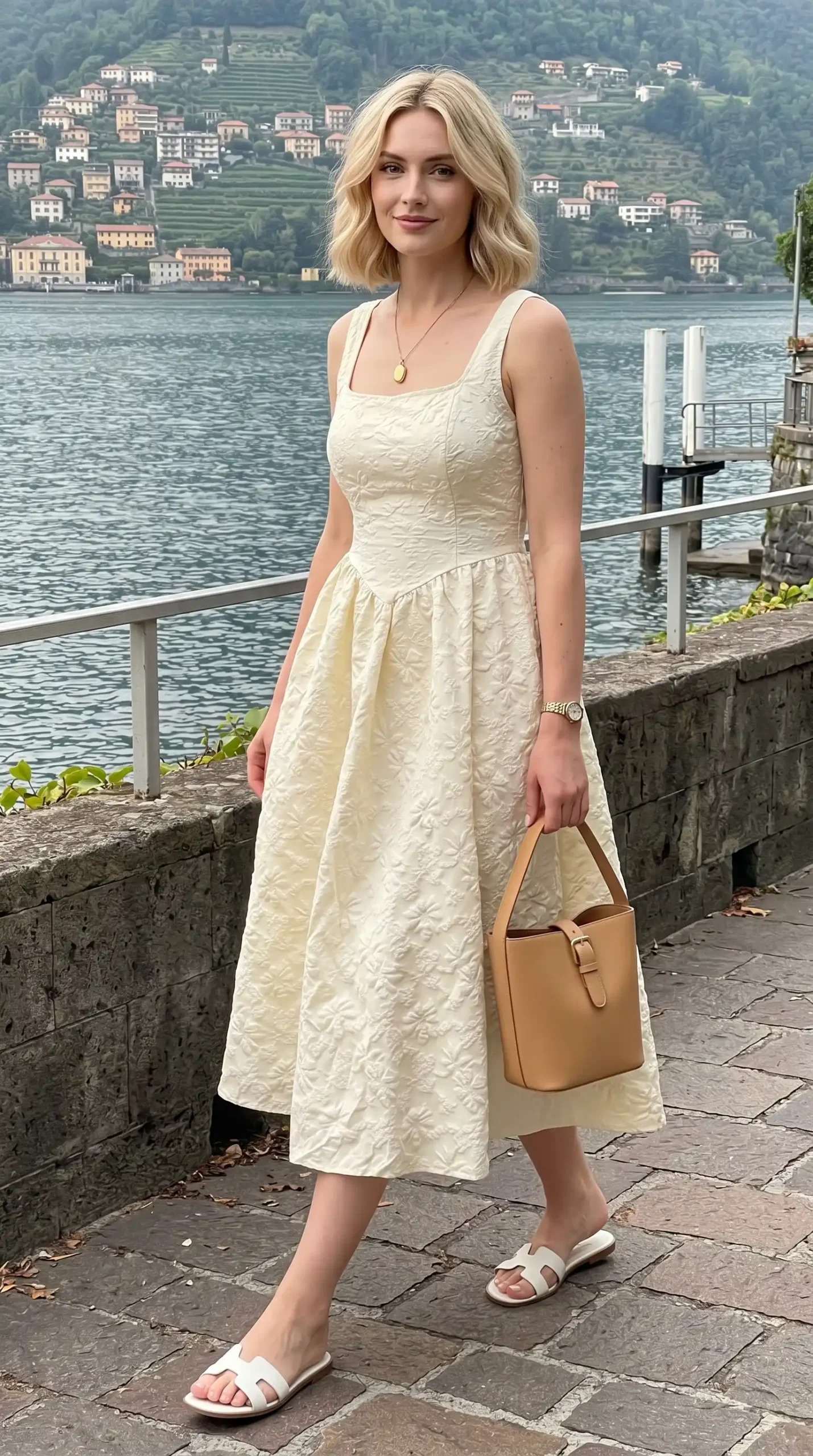 Woman wearing cream floral textured square neck sleeveless midi dress with tan bucket bag and white sandals by lake
