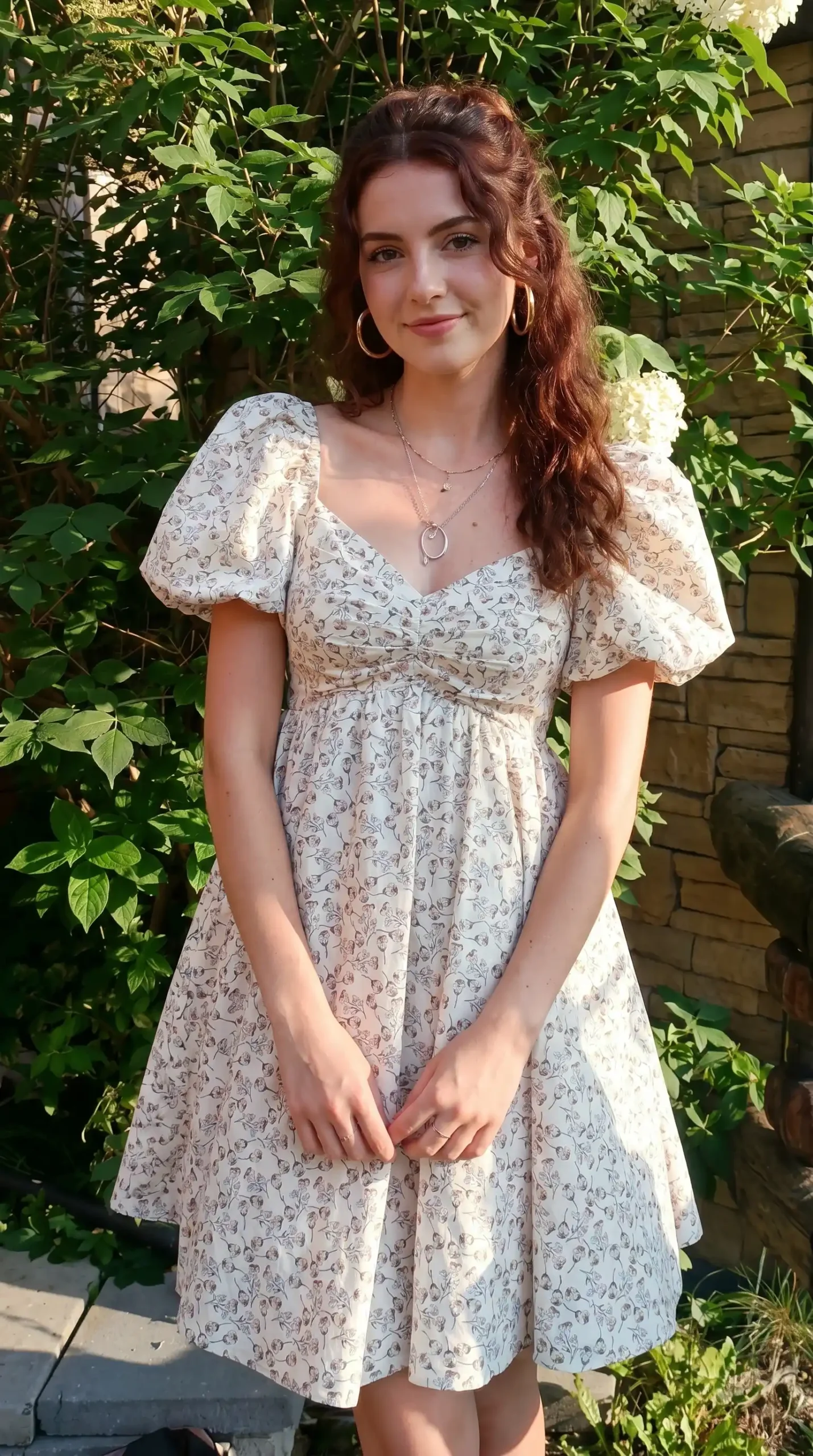 Woman wearing cream white ditsy floral puff sleeve sweetheart mini dress in garden with flowers