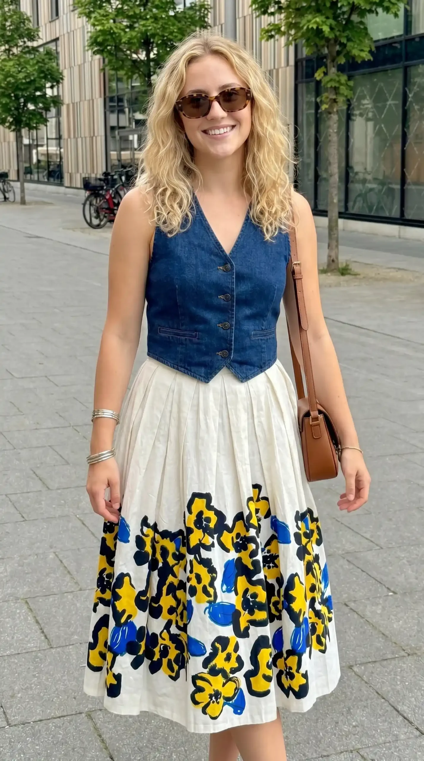 Woman wearing dark blue denim vest with cream floral midi skirt in urban setting
