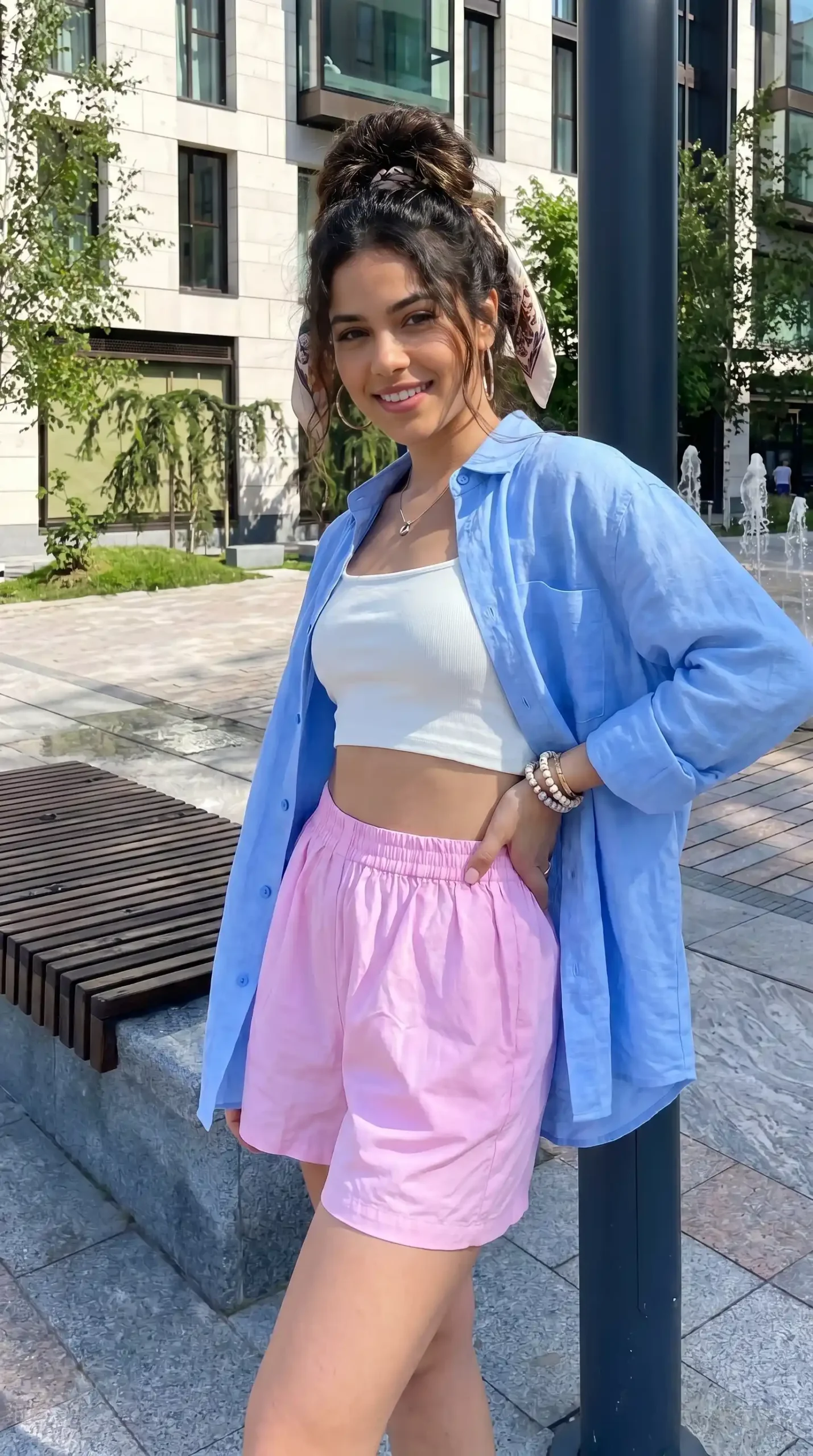 Woman wearing light blue button-up shirt with white crop top and pink shorts in urban setting