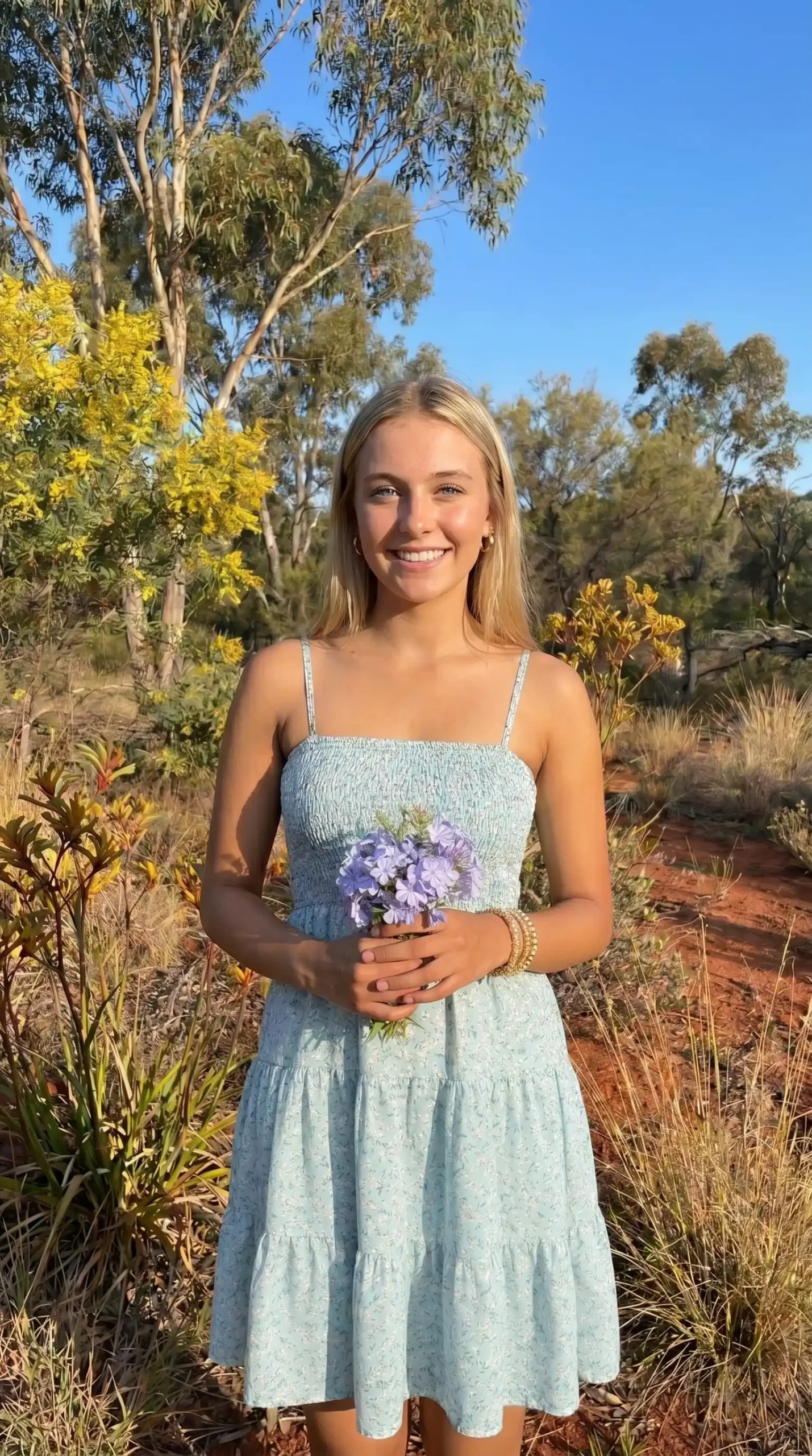 Woman wearing light blue floral smocked cami dress with tiered skirt holding purple flowers outdoors