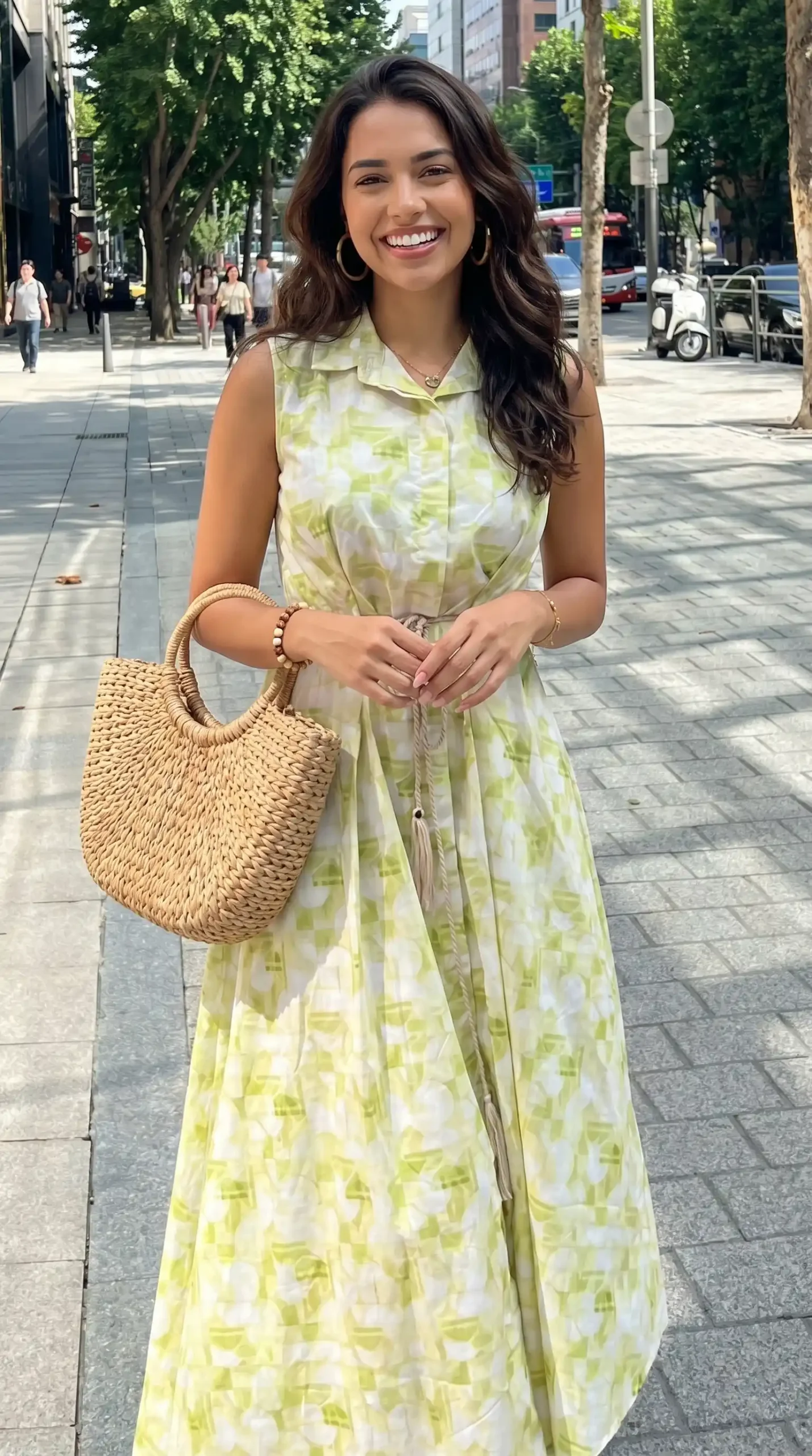 Woman wearing lime green and white abstract print sleeveless shirt maxi dress with wicker bag on city street