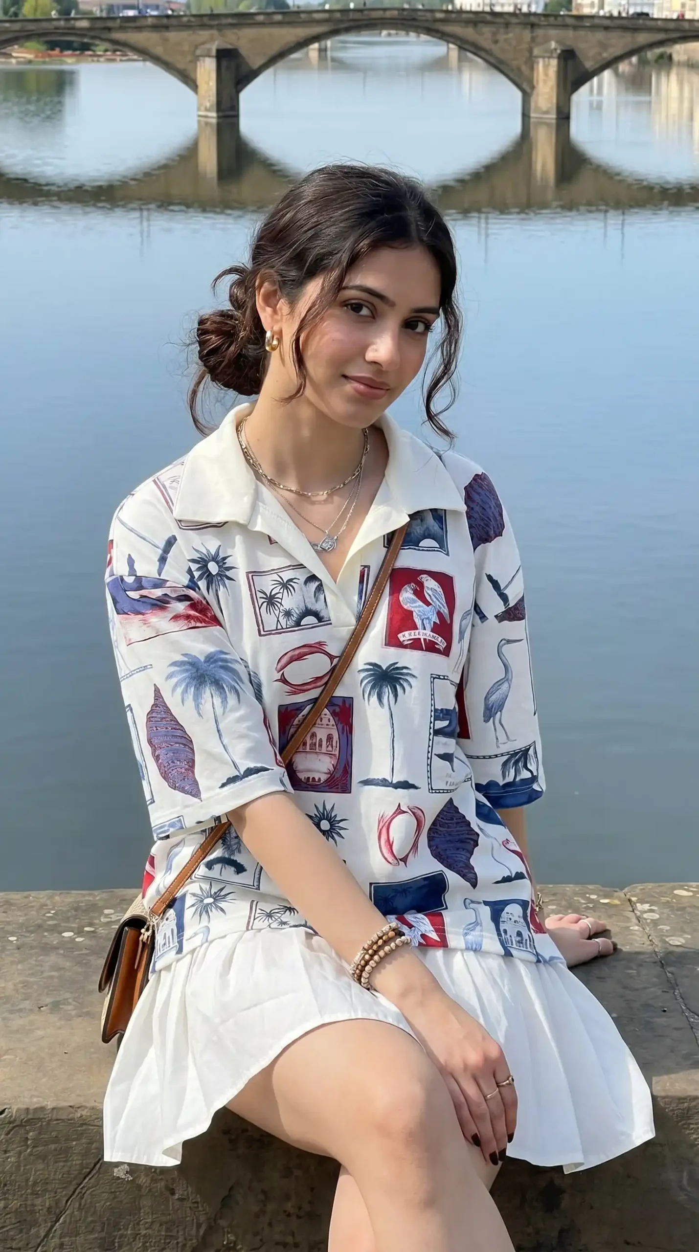 Woman wearing nautical print button-up shirt with white pleated mini skirt by river bridge