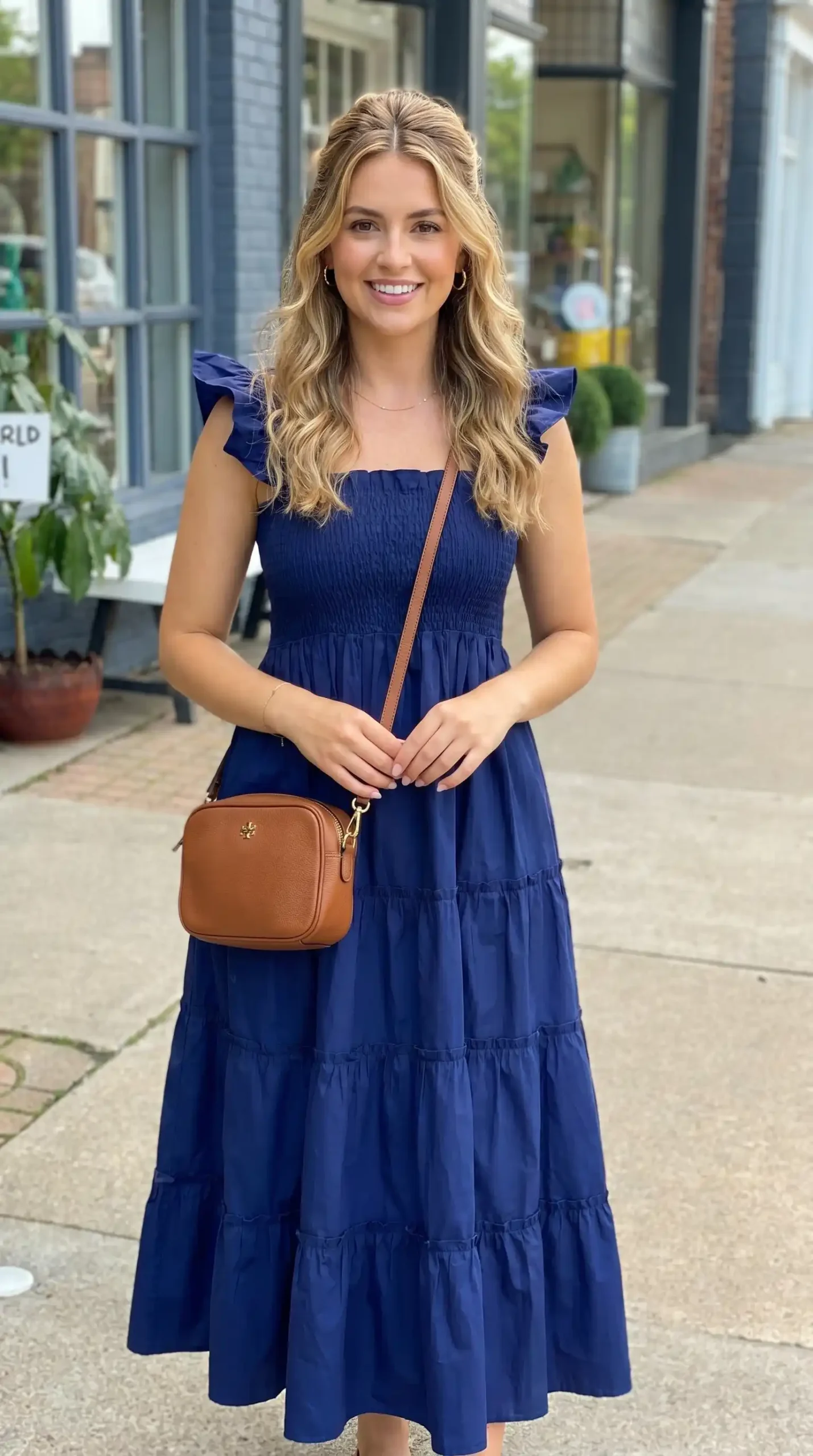 Woman wearing navy blue smocked ruffle sleeve tiered maxi dress with tan crossbody bag on street