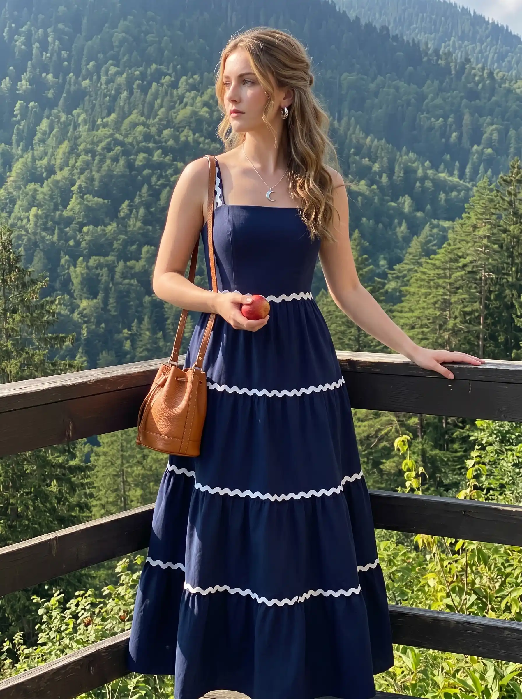 Woman wearing navy blue square neck tiered maxi dress with white ric rac trim and tan bucket bag in mountains