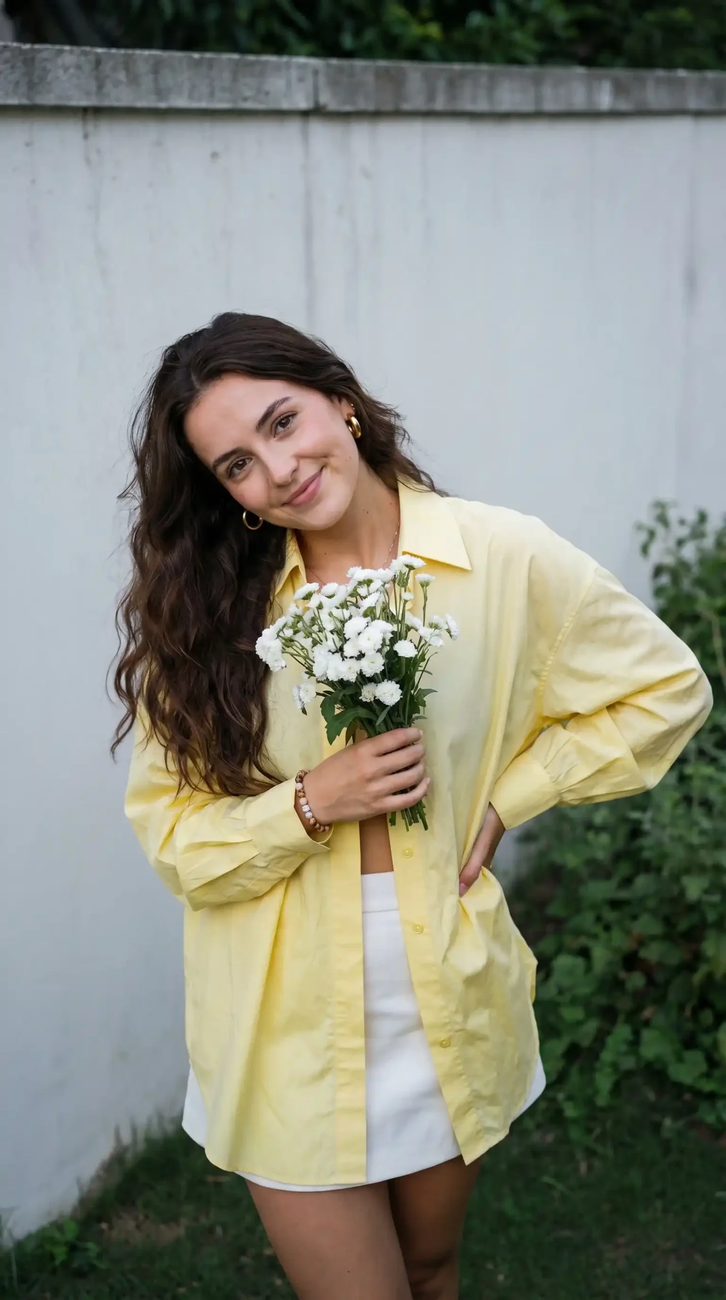 Woman wearing pastel yellow oversized shirt with white mini skirt holding white flowers outdoors