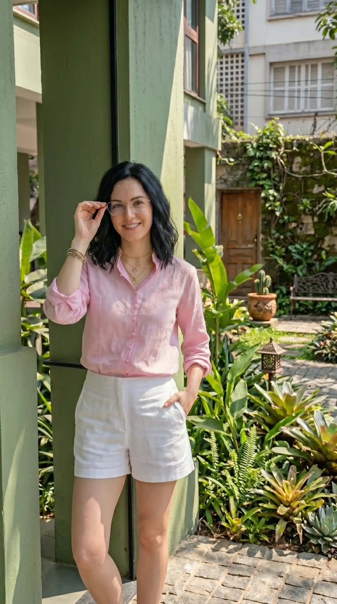 Woman wearing pink linen button-up shirt with white tailored shorts and gold layered necklaces in garden