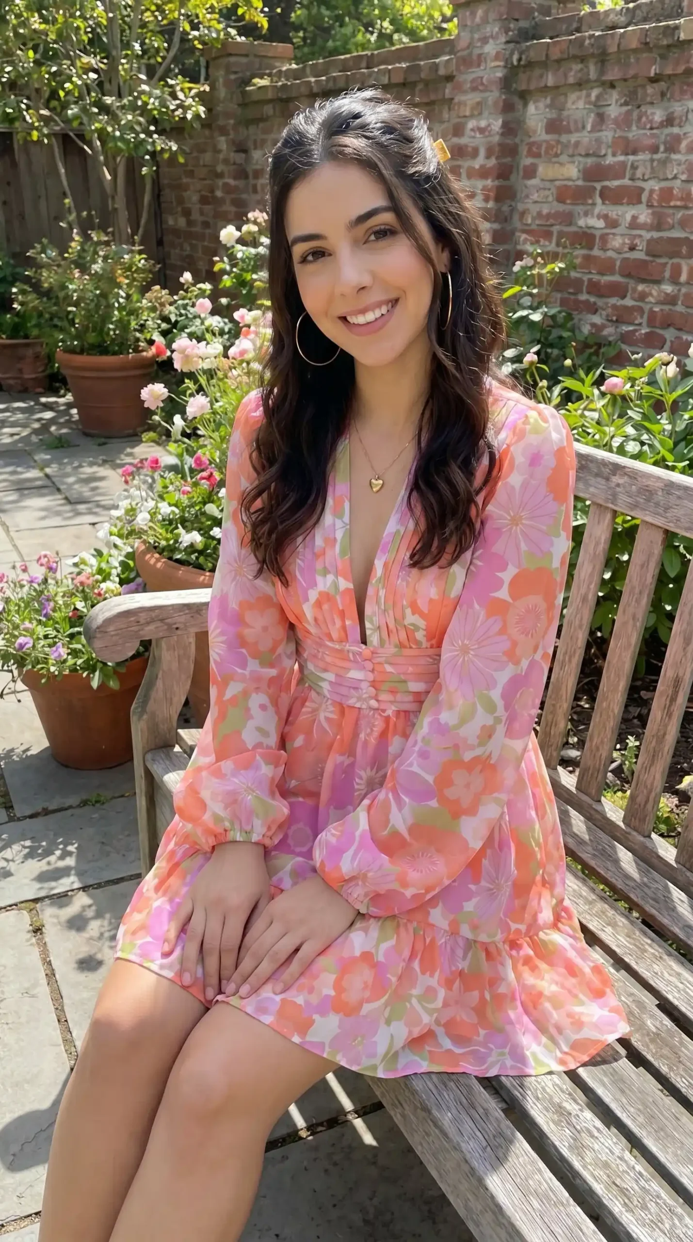 Woman wearing pink orange red floral print wrap dress sitting in garden