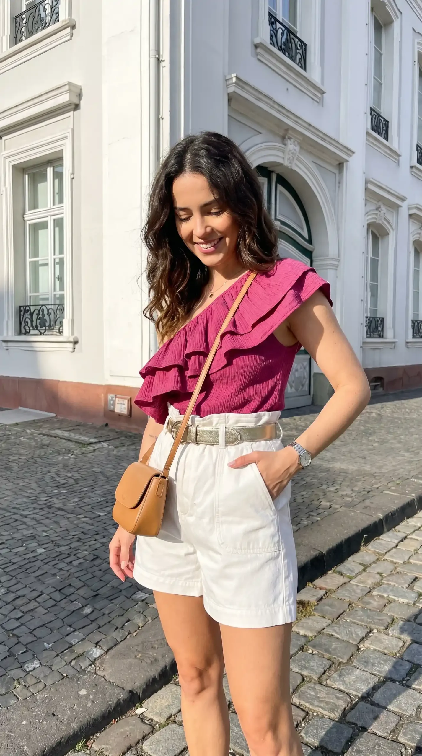 Woman wearing pink ruffle sleeveless top with white mini skirt and belt in European city square