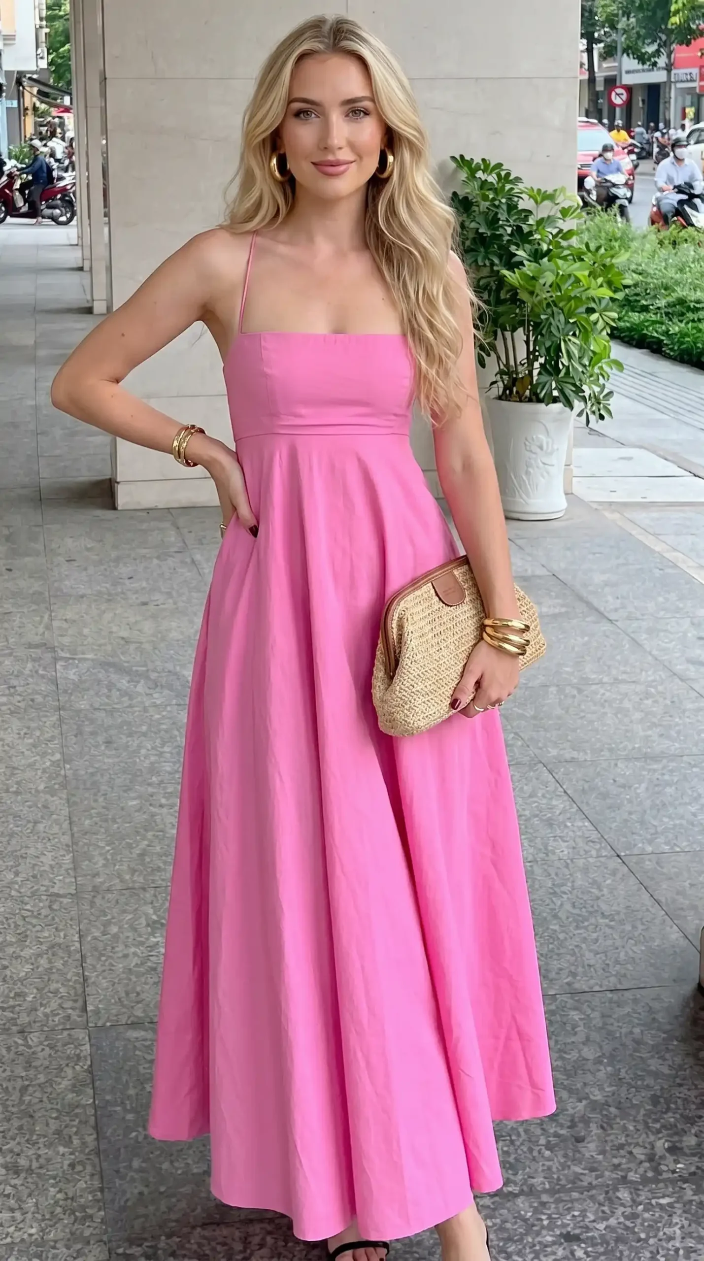 Woman wearing pink square neck spaghetti strap midi dress with woven clutch and gold bangles outdoors