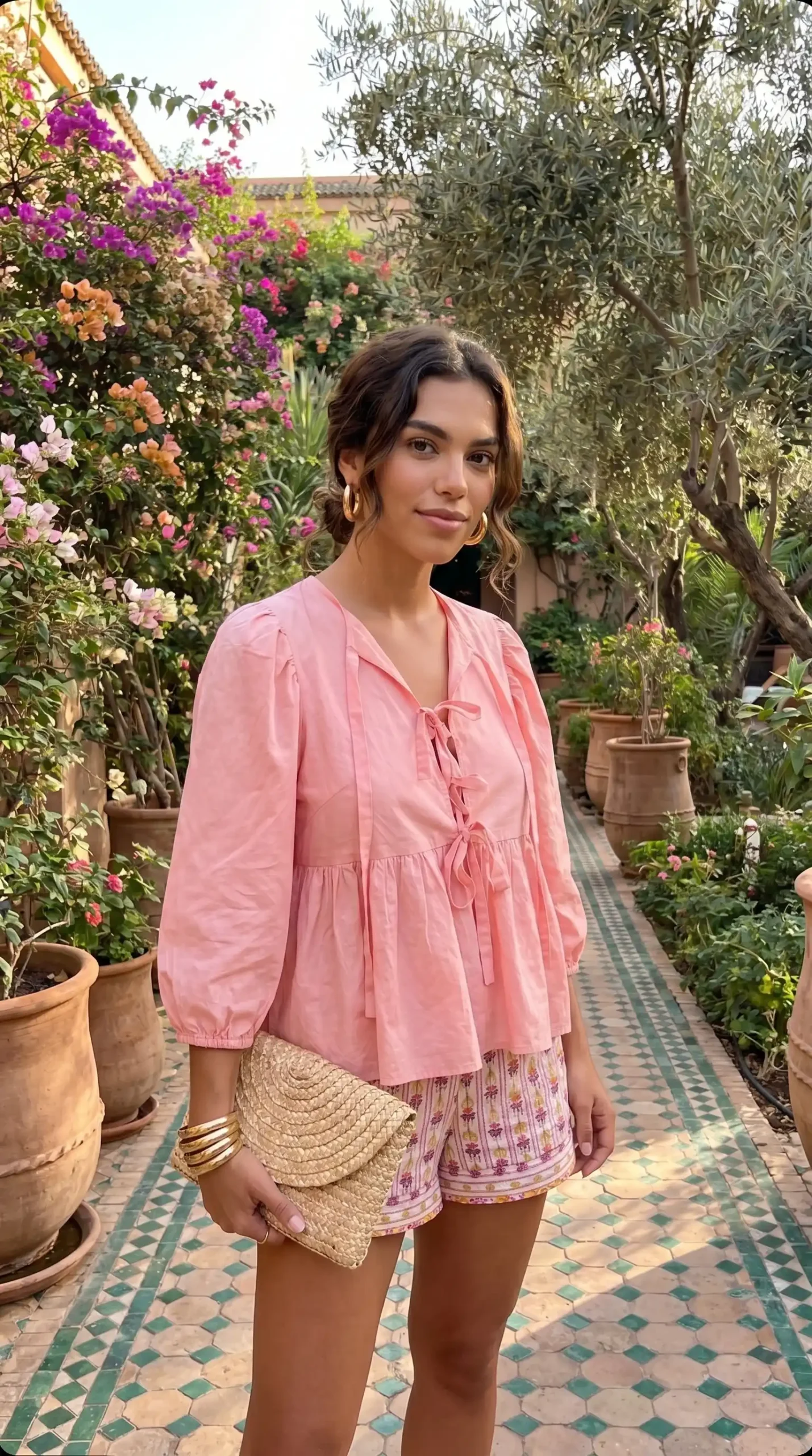 Woman wearing pink tie front blouse with lavender floral shorts in garden courtyard