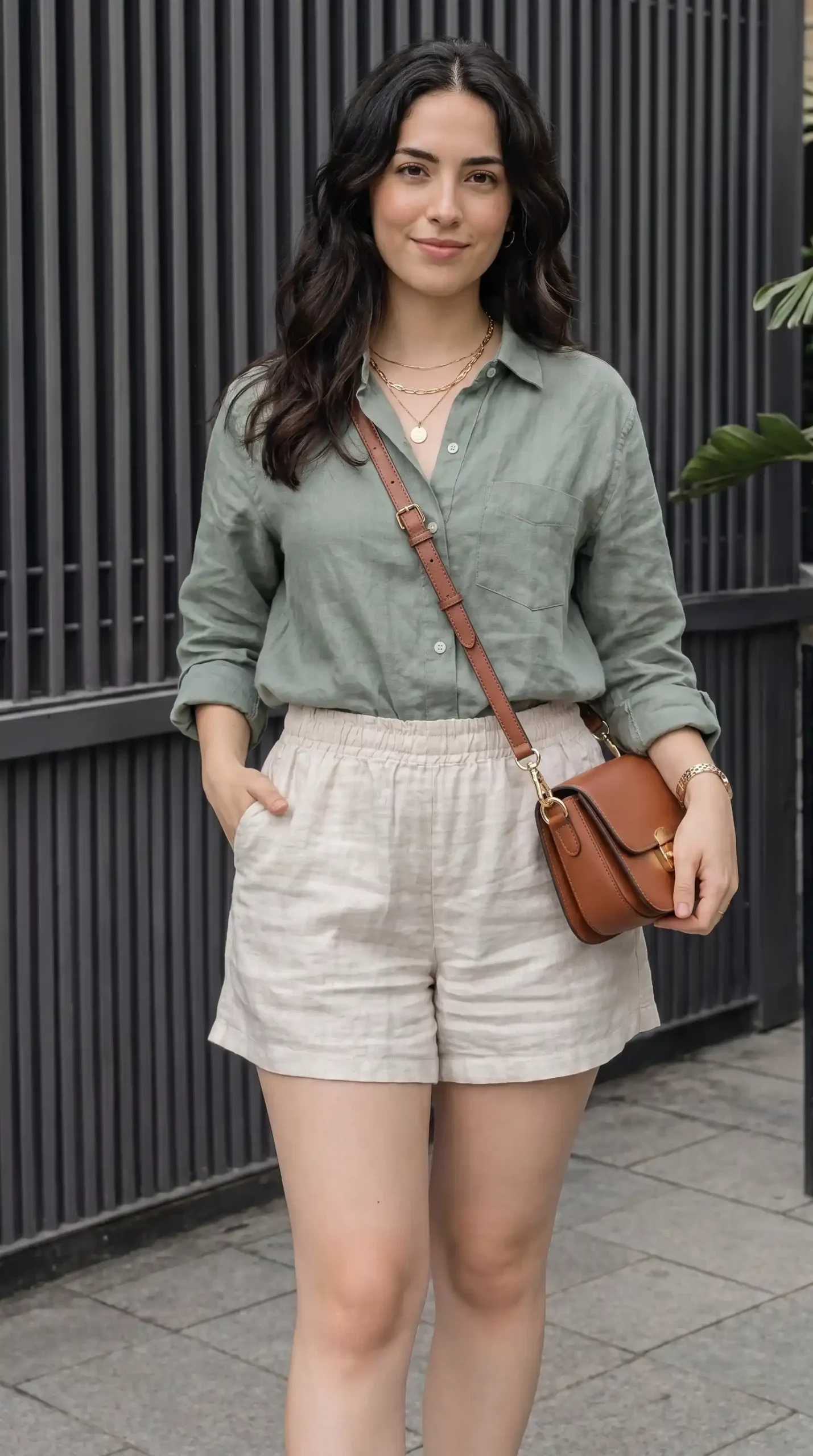 Woman wearing sage green linen shirt with beige linen shorts and brown crossbody bag outdoors