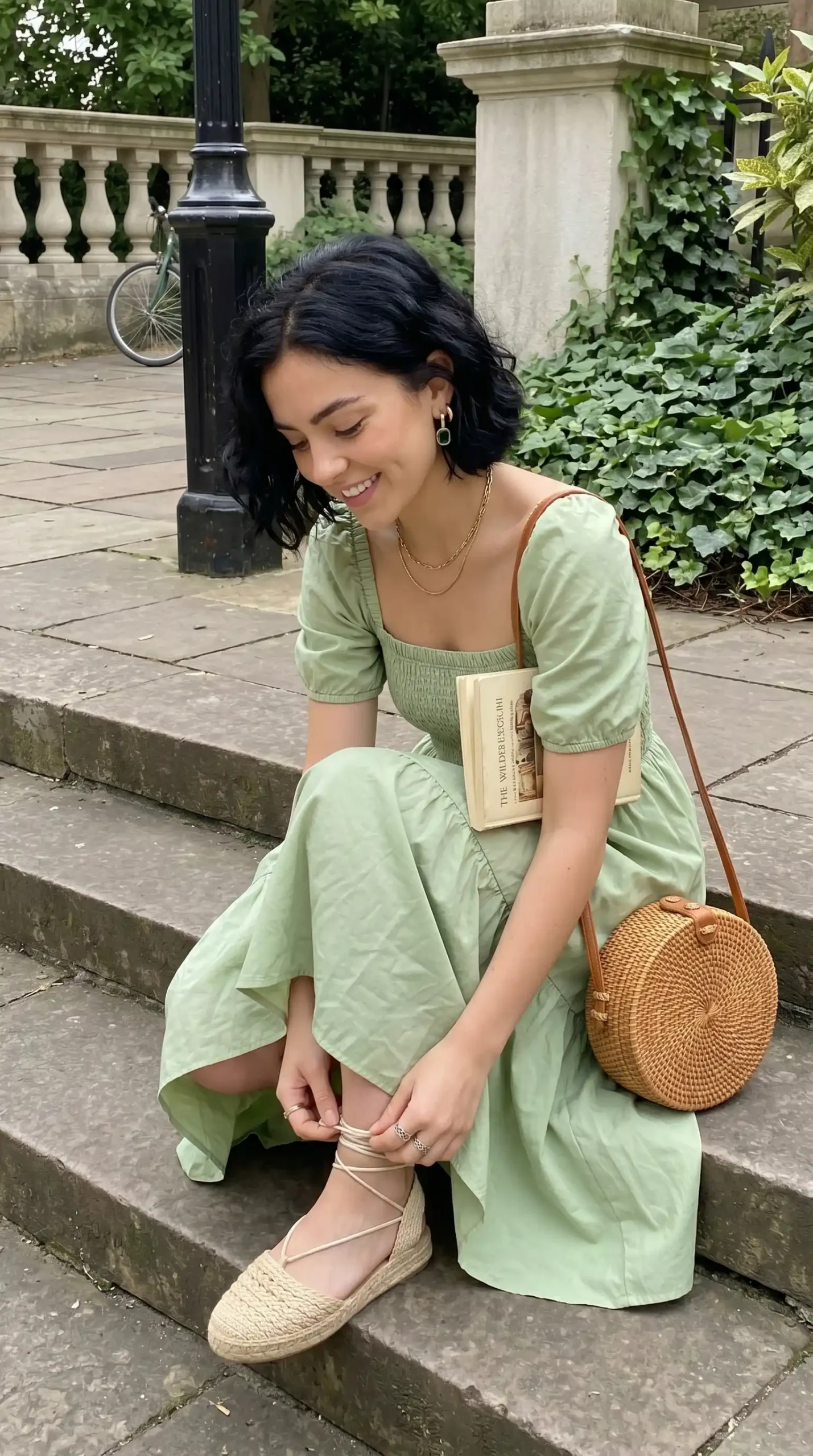 Woman wearing sage green square neck smocked puff sleeve midi dress with round rattan bag and espadrilles on steps