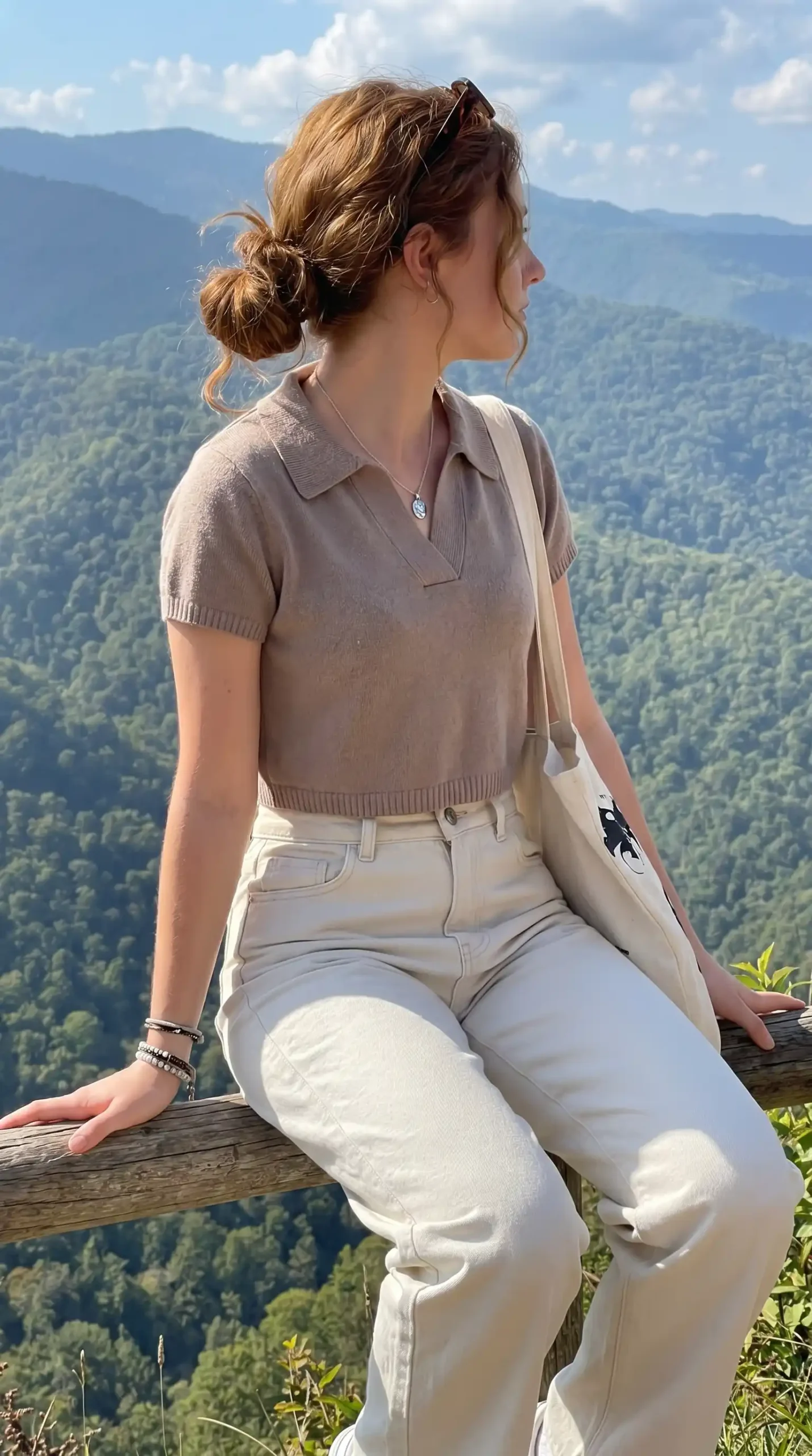 Woman wearing tan polo knit top with white pants in mountain setting