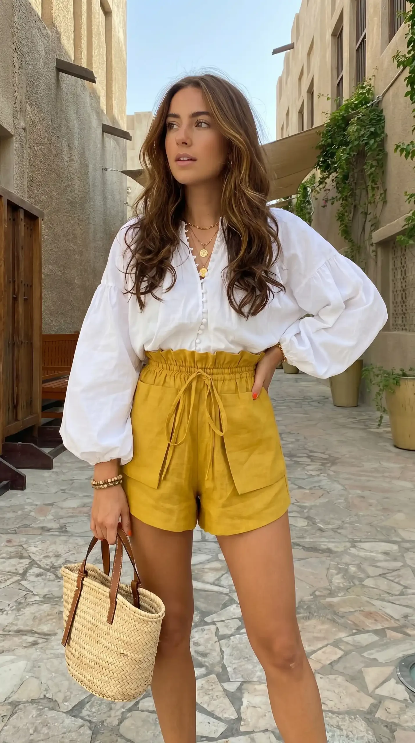Woman wearing white balloon sleeve blouse with mustard linen shorts and straw bag