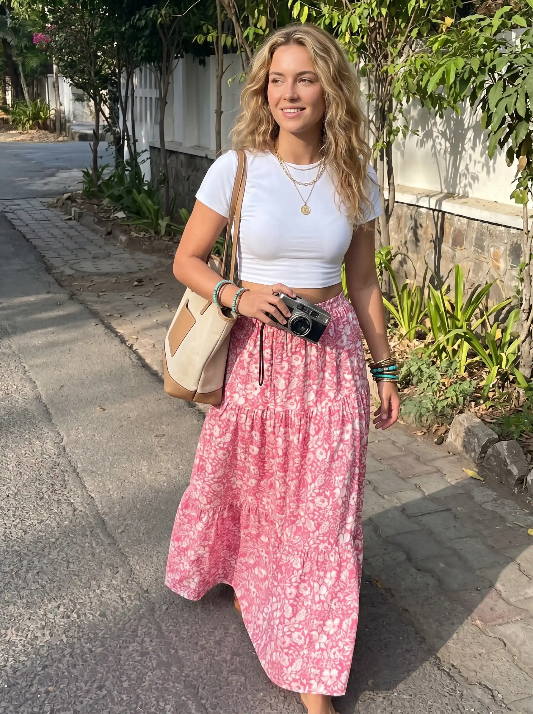 Woman wearing white crop tee with pink floral tiered maxi skirt and beige shoulder bag outdoors