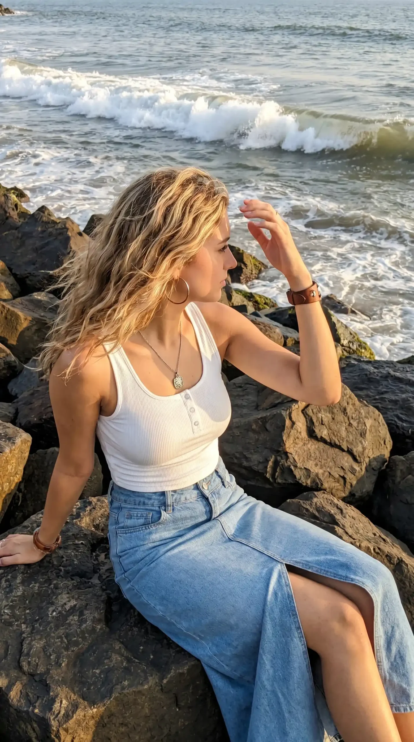 Woman wearing white ribbed tank top with light blue denim maxi skirt sitting on rocks by ocean