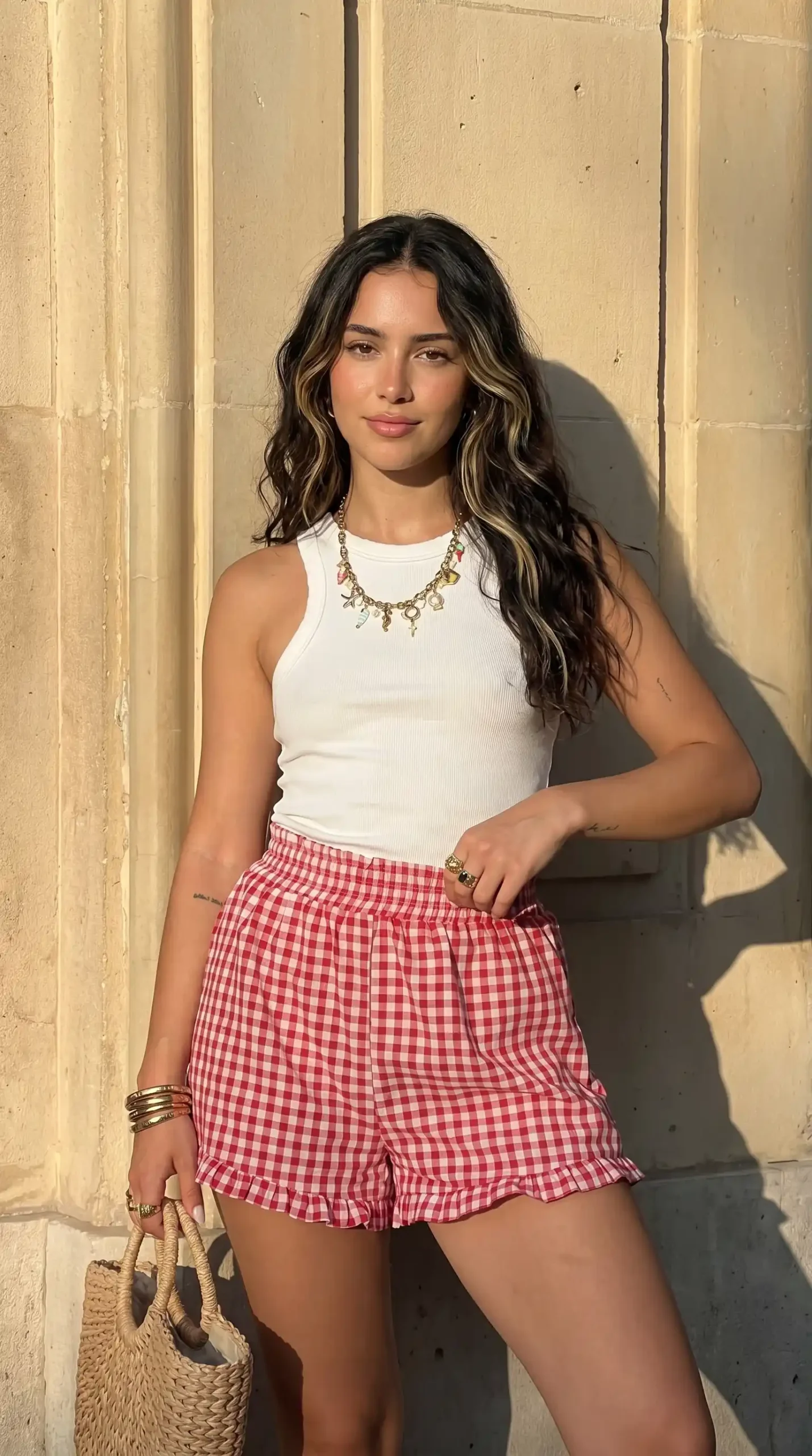 Woman wearing white ribbed racerback tank top with red and white gingham ruffle shorts and straw bag outdoors