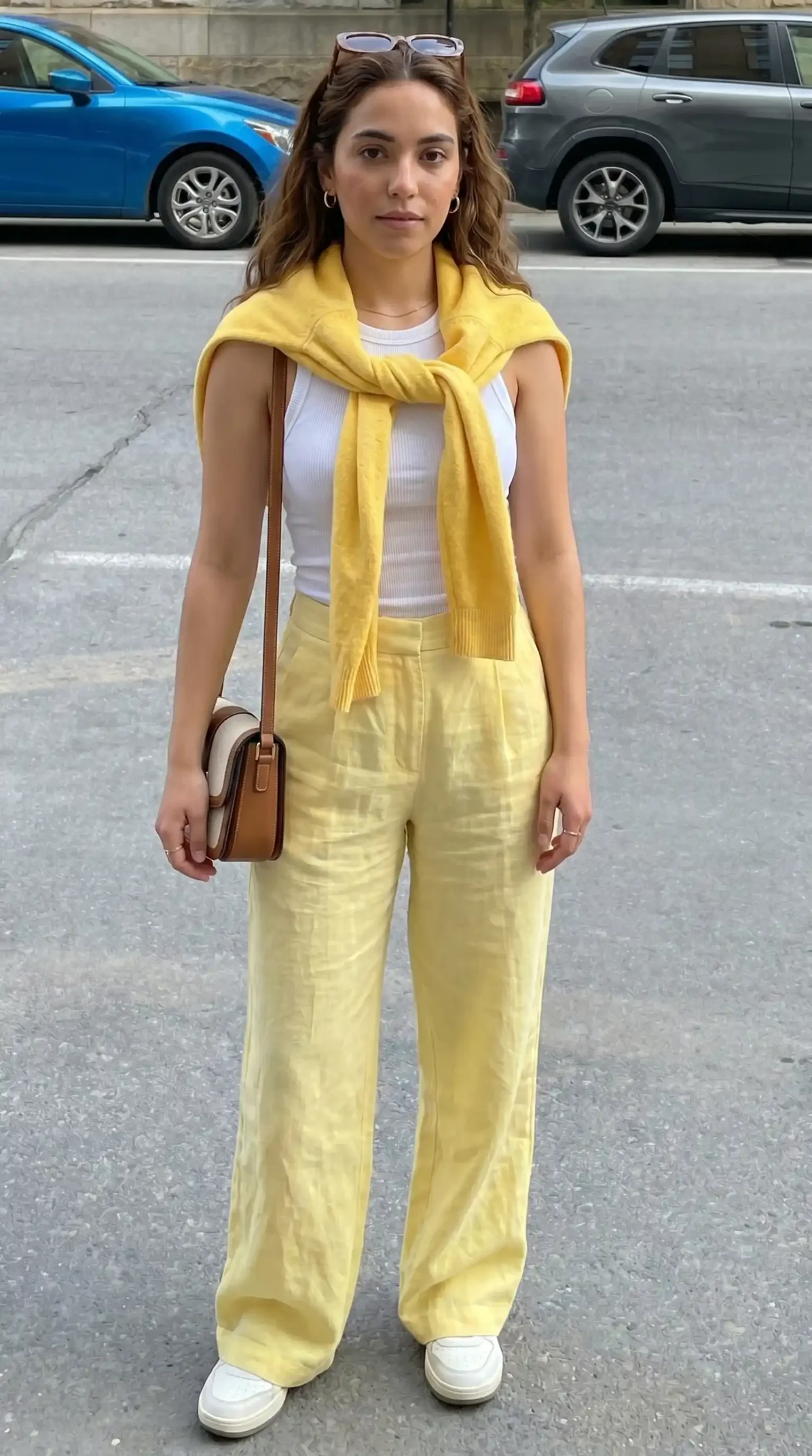 Woman wearing white sleeveless tank with pale yellow linen pants and yellow scarf
