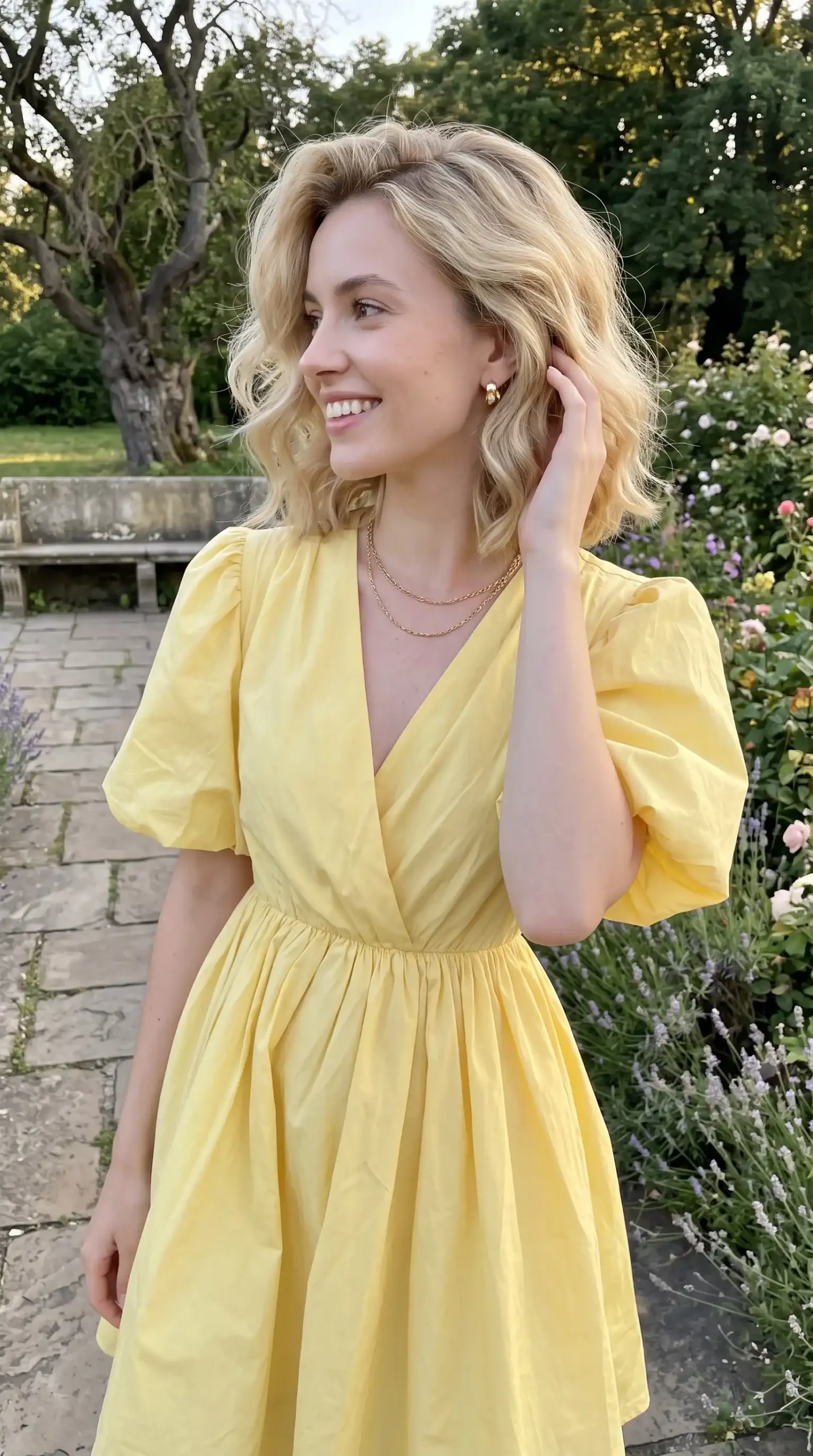 Woman wearing yellow puff sleeve v-neck wrap midi dress with gold layered necklace in garden