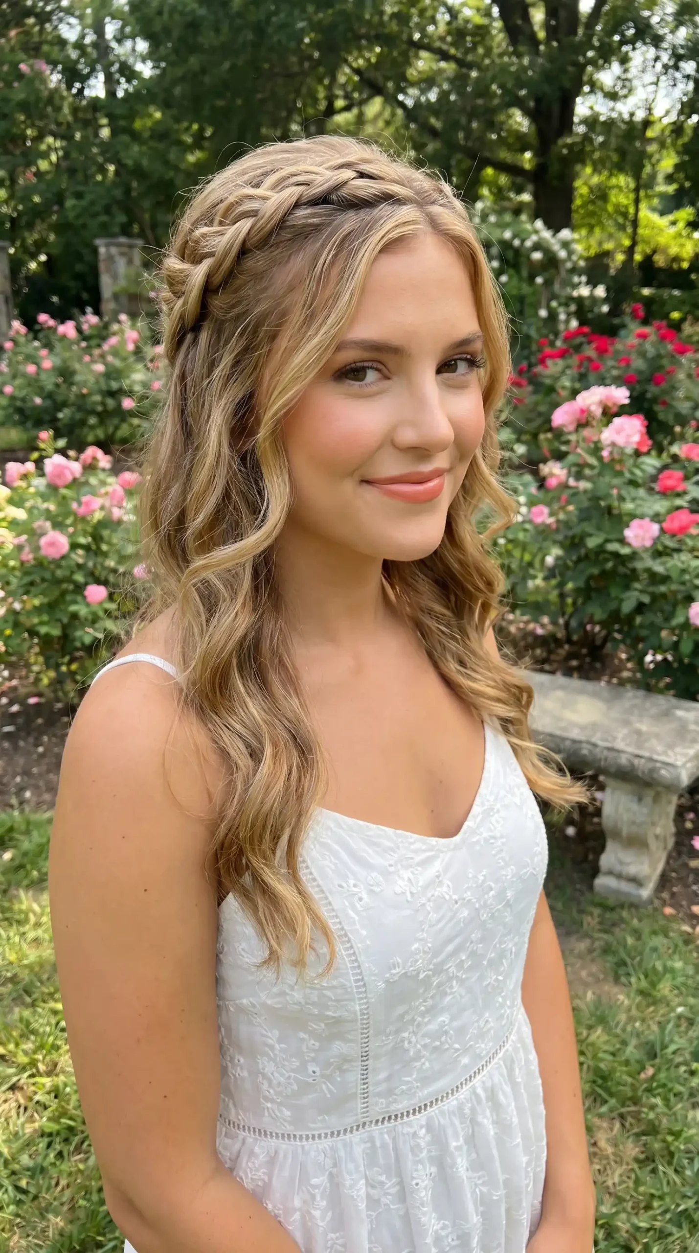 Woman with honey blonde wavy half up crown braid hairstyle