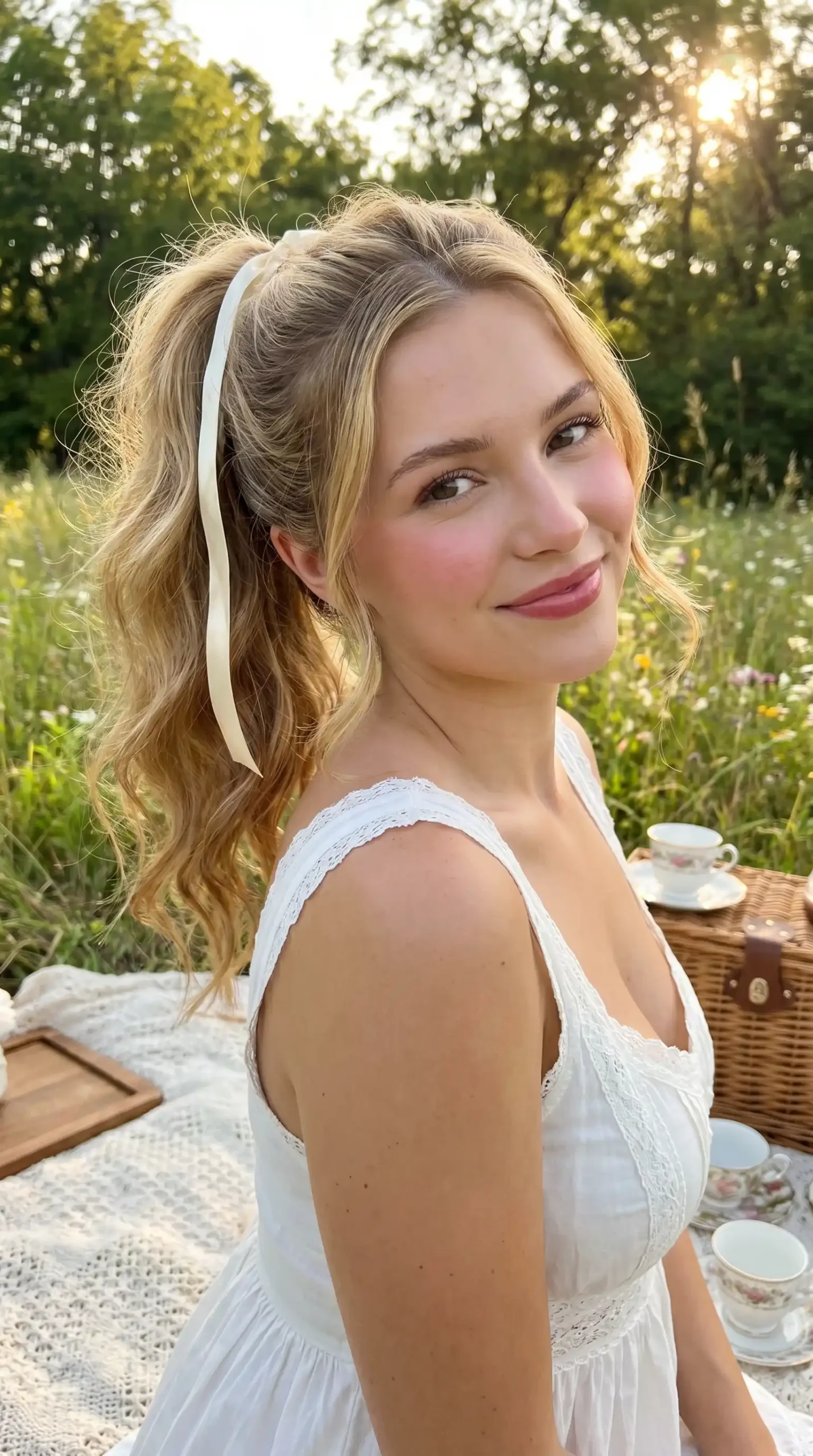 Woman with honey blonde wavy ponytail and cream silk ribbon