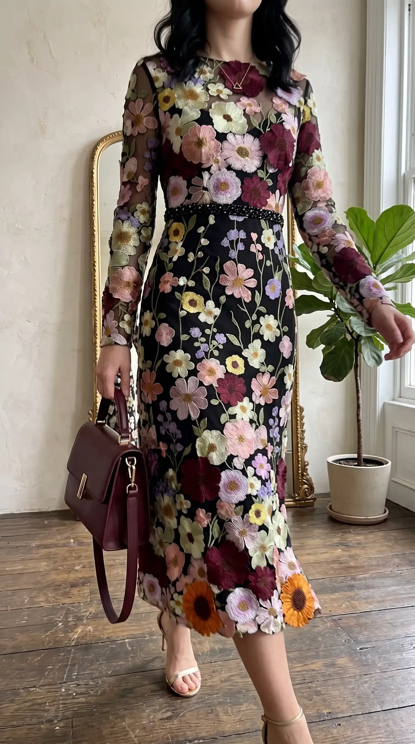 Woman wearing black multicolor floral embroidered mesh long sleeve midi dress with burgundy bag