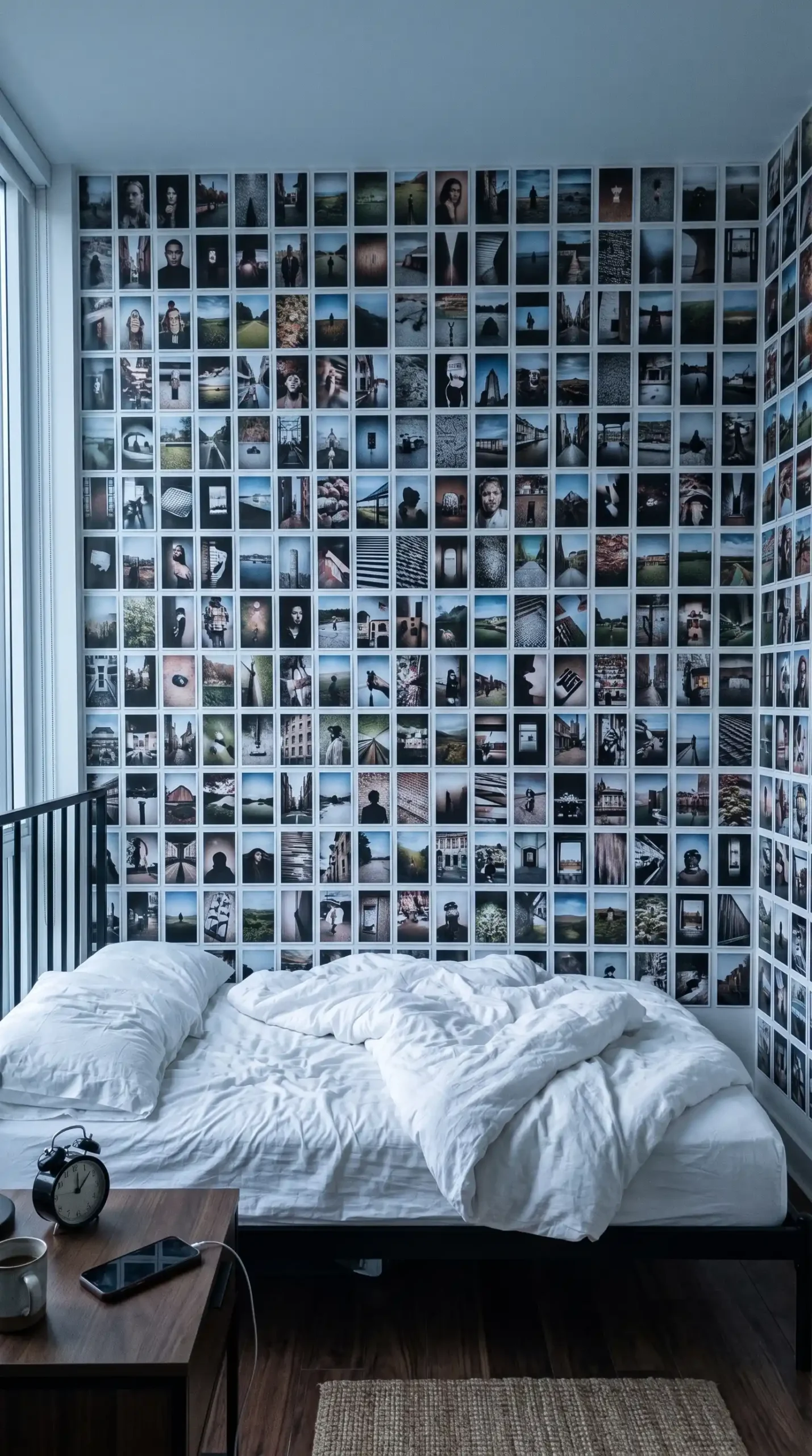 Dozens of small square black and white film photography prints in tight grid covering entire large bedroom wall above black bed frame