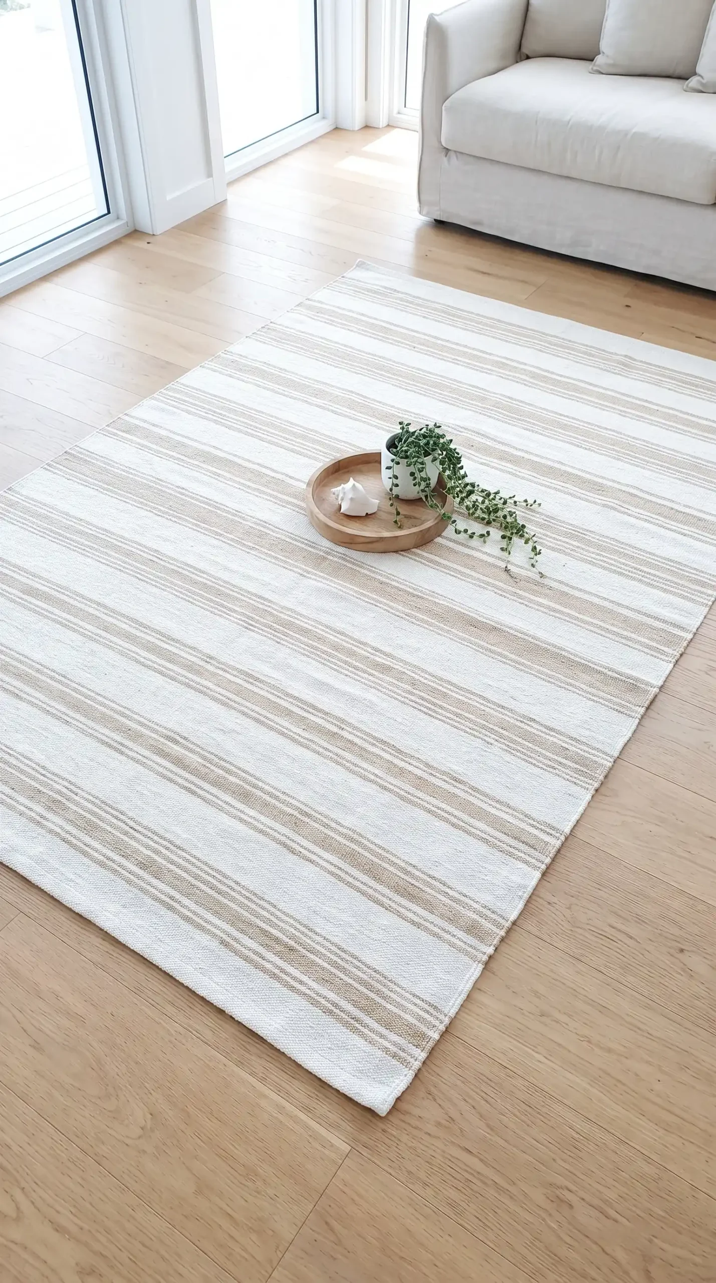 Large bleached white and natural stripe cotton flatweave rug on light oak coastal living room floor with wooden tray