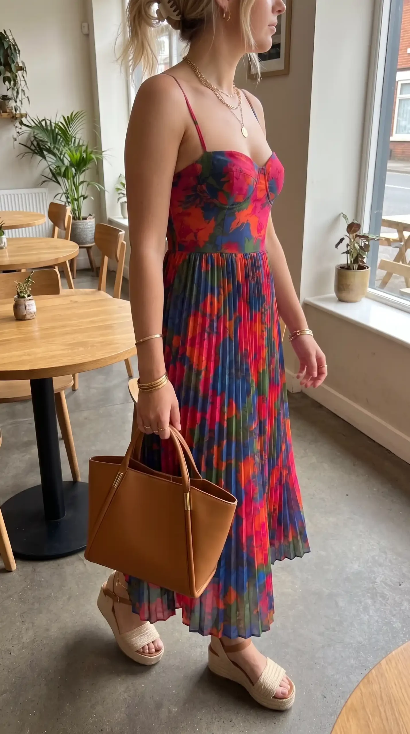 Woman wearing blue red floral print bustier pleated midi dress with tan bag and wedge sandals