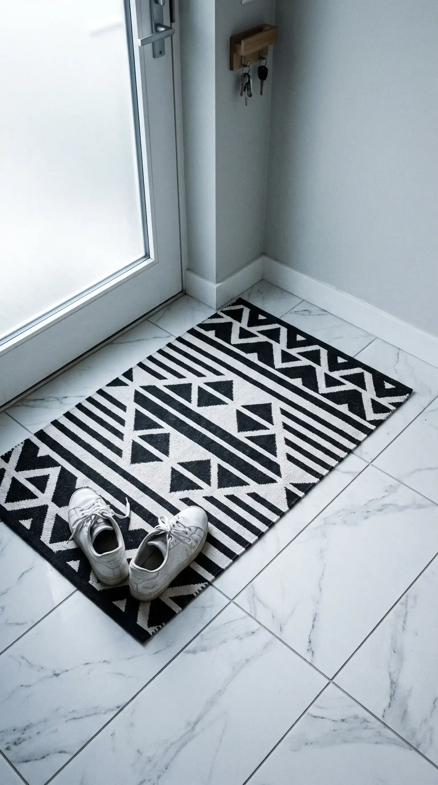 Small black and white bold geometric cotton rug on white marble effect entryway floor beside front door with trainers