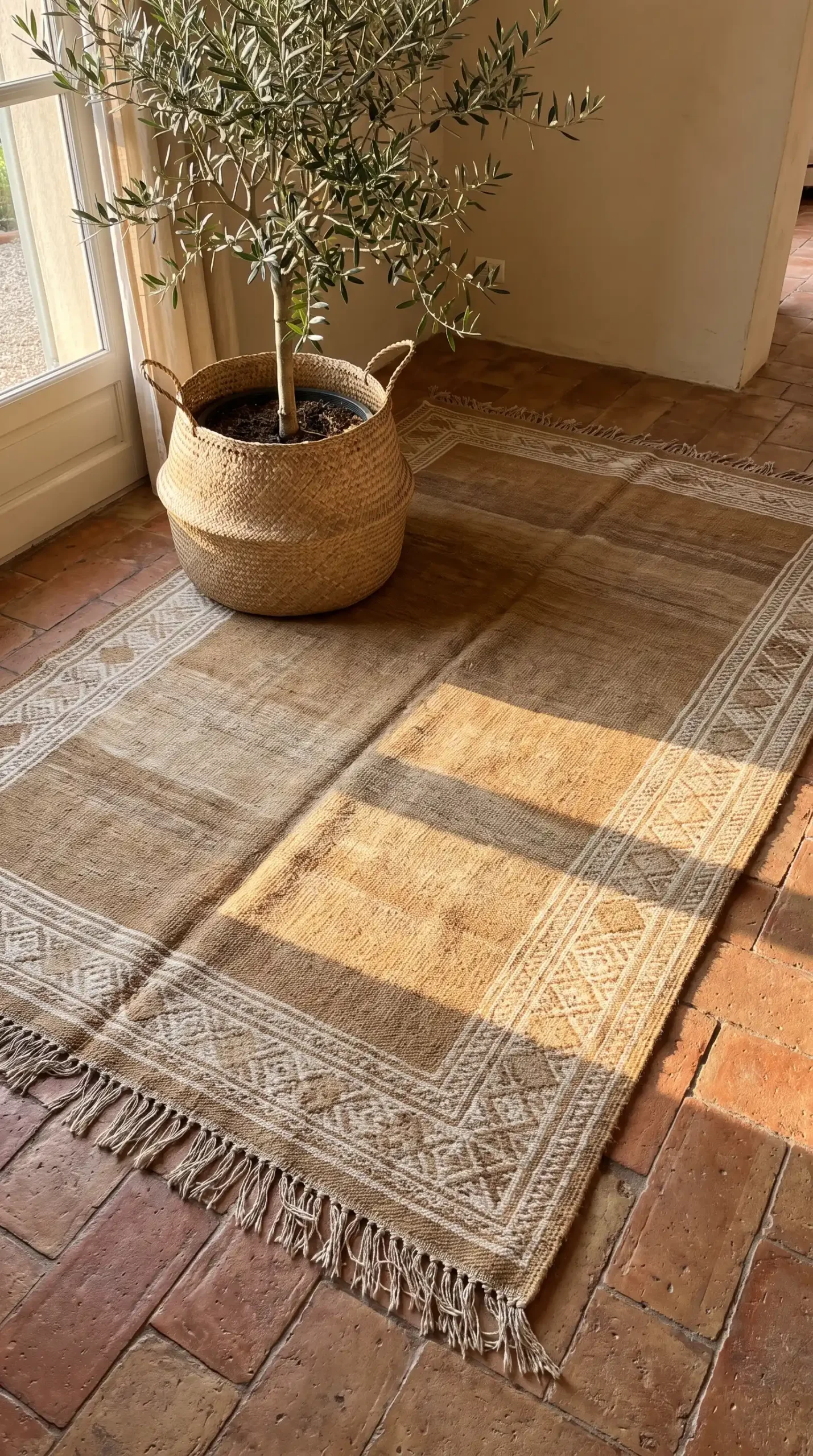 Large hand woven camel tan and ivory wool rug with fringe on terracotta tiled living room floor beside olive tree