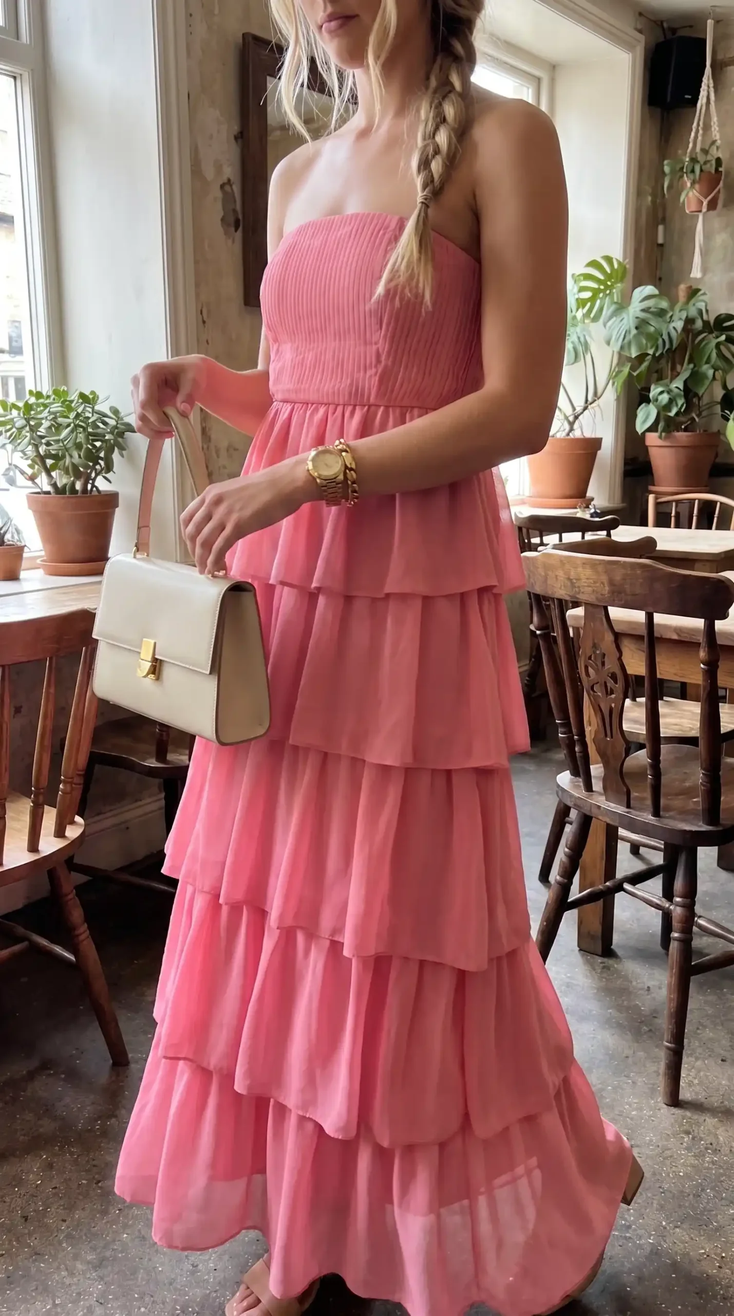 Woman in coral pink strapless tiered ruffle maxi dress holding white bag