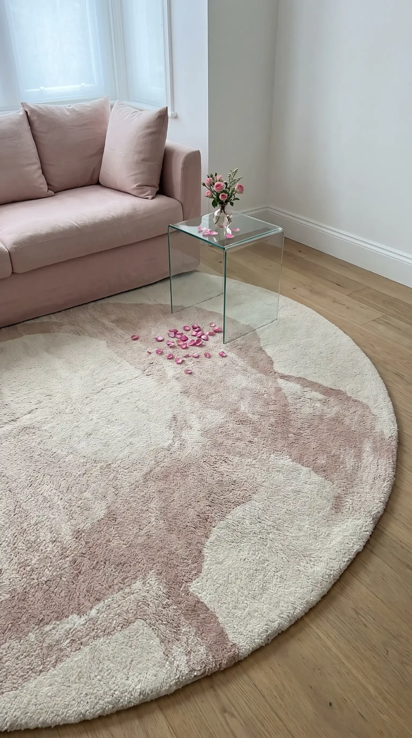 Large round cream and blush abstract hand tufted wool rug on light oak feminine living room floor with glass side table