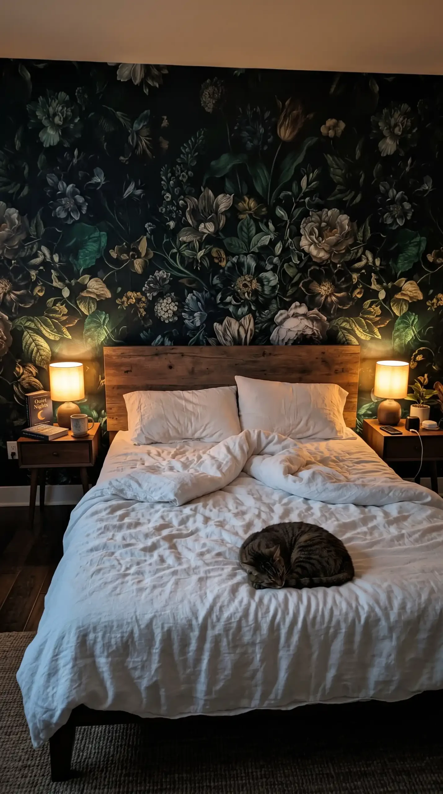 Large dramatic dark emerald and black floral wallpaper mural covering entire wall behind white linen bed