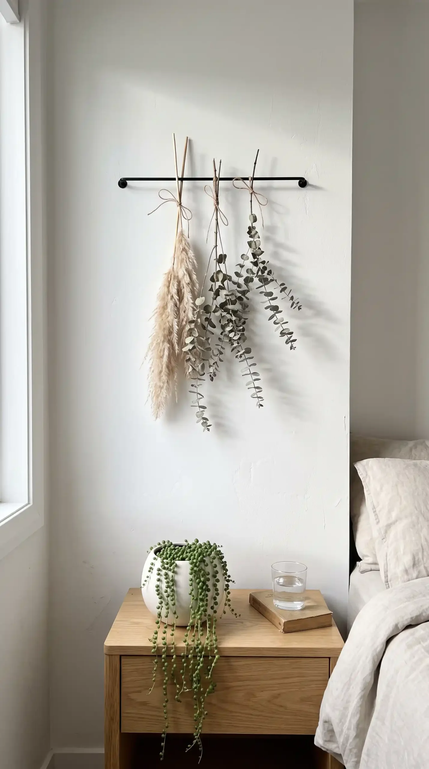 Thin black rod wall hanging with dried pampas and eucalyptus stems on white bedroom wall