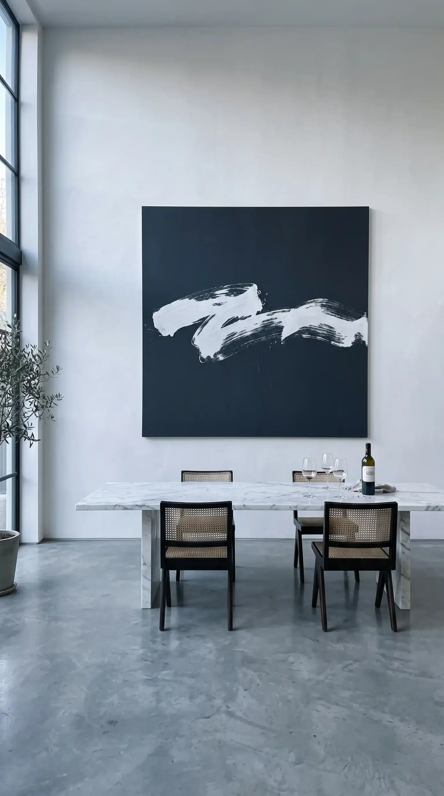 Single enormous charcoal black canvas with white gestural brushstroke hung on wide white dining room wall