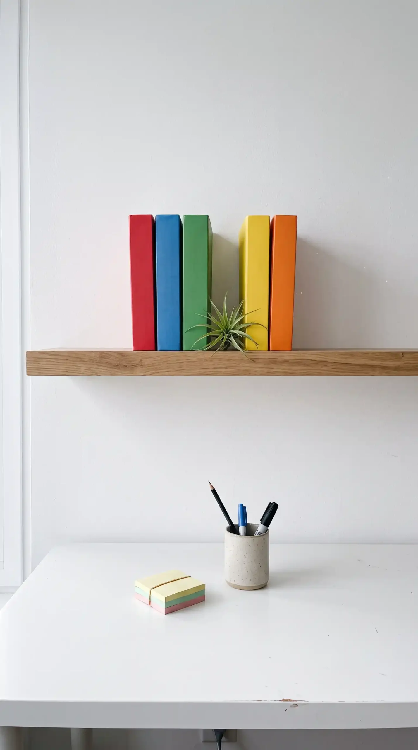 Long wooden floating shelf with coloured books and small air plant above white home office desk