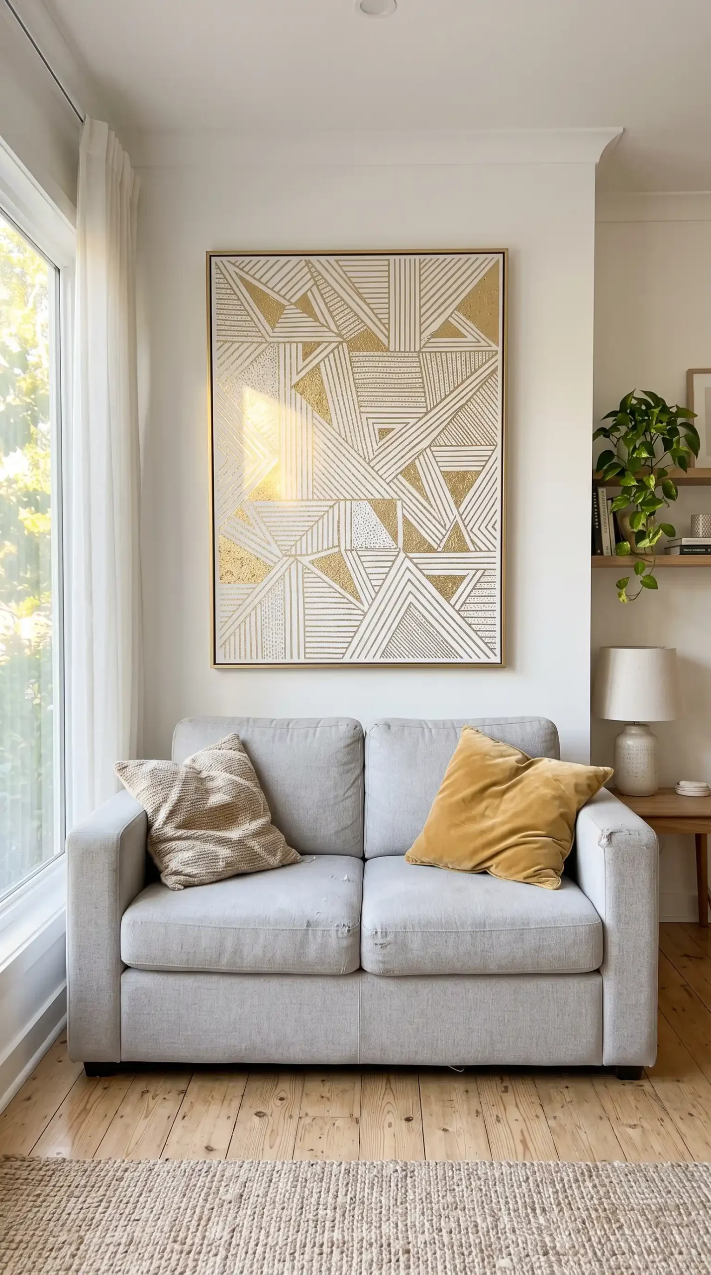 Large white and gold geometric wall panel hung above light grey sofa in bright living room