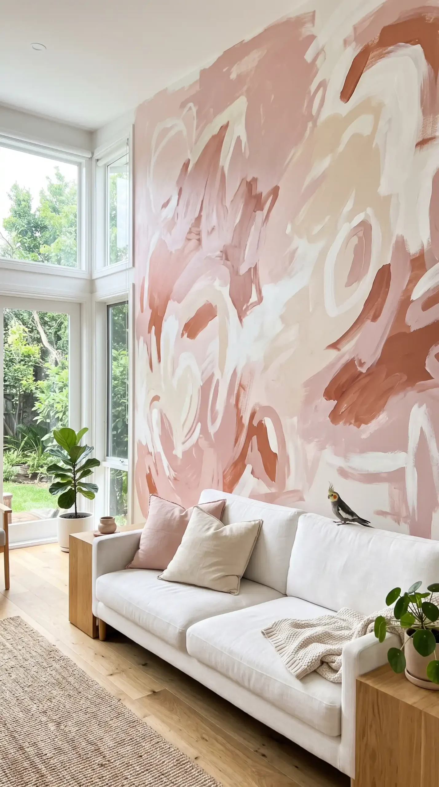 Oversized hand painted blush and cream abstract mural directly on large white living room wall above white sofa