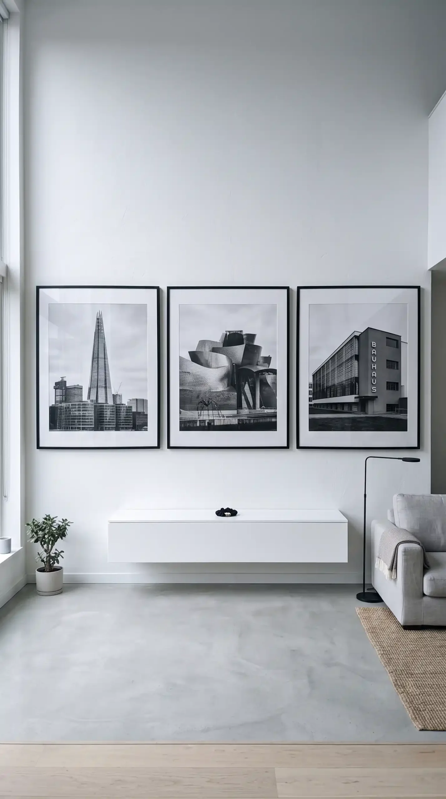 Three extra large black framed architectural photography prints hung in horizontal row spanning wide white living room wall