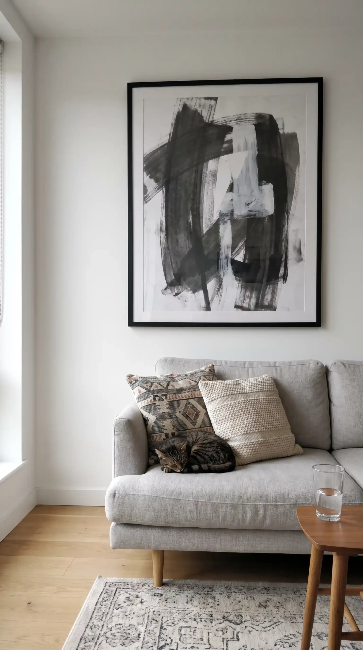 Large oversized black framed abstract print above grey linen sofa in modern living room