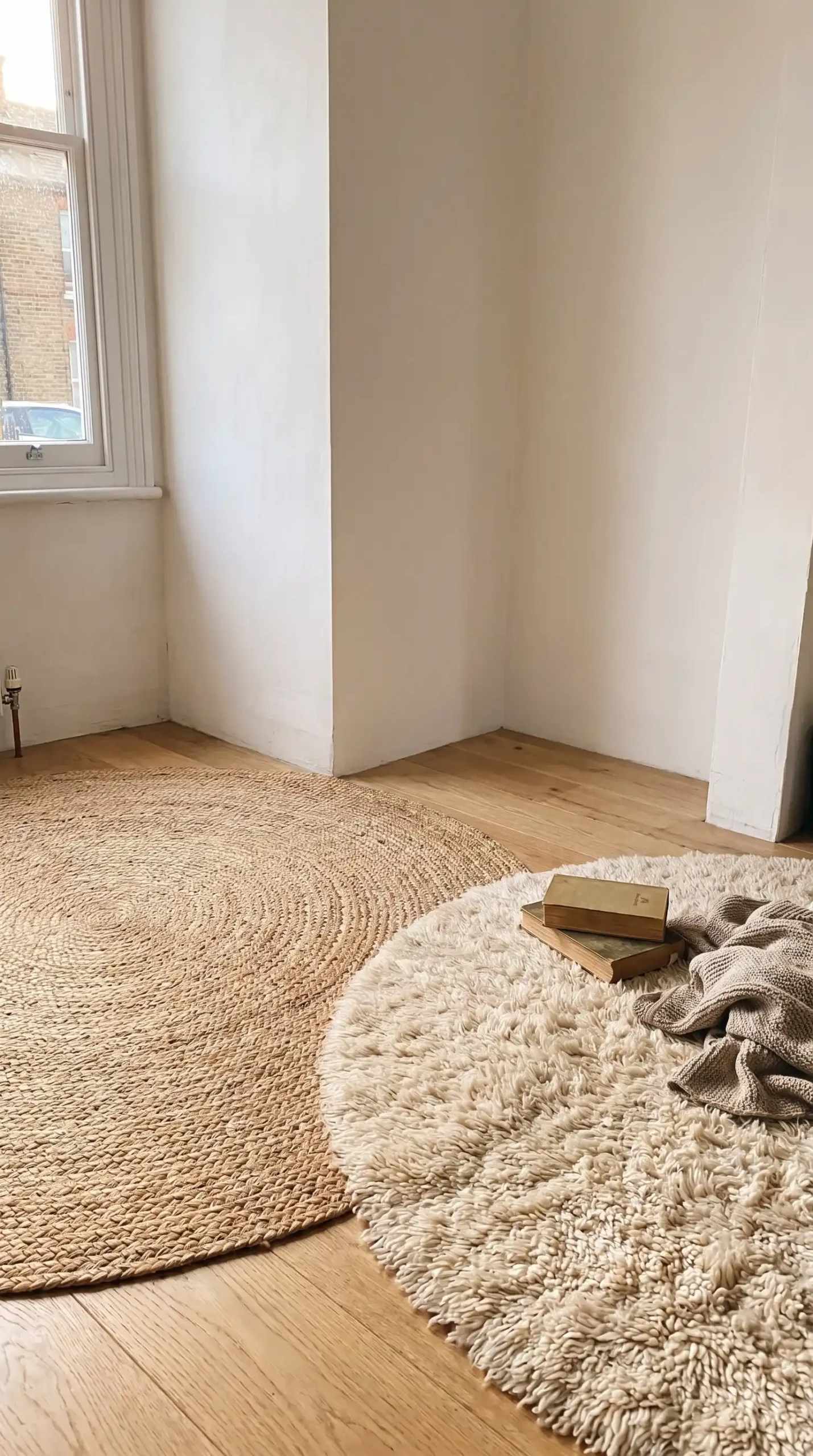 Large round jute rug layered with cream shaggy rug on living room floor beside fiddle leaf fig