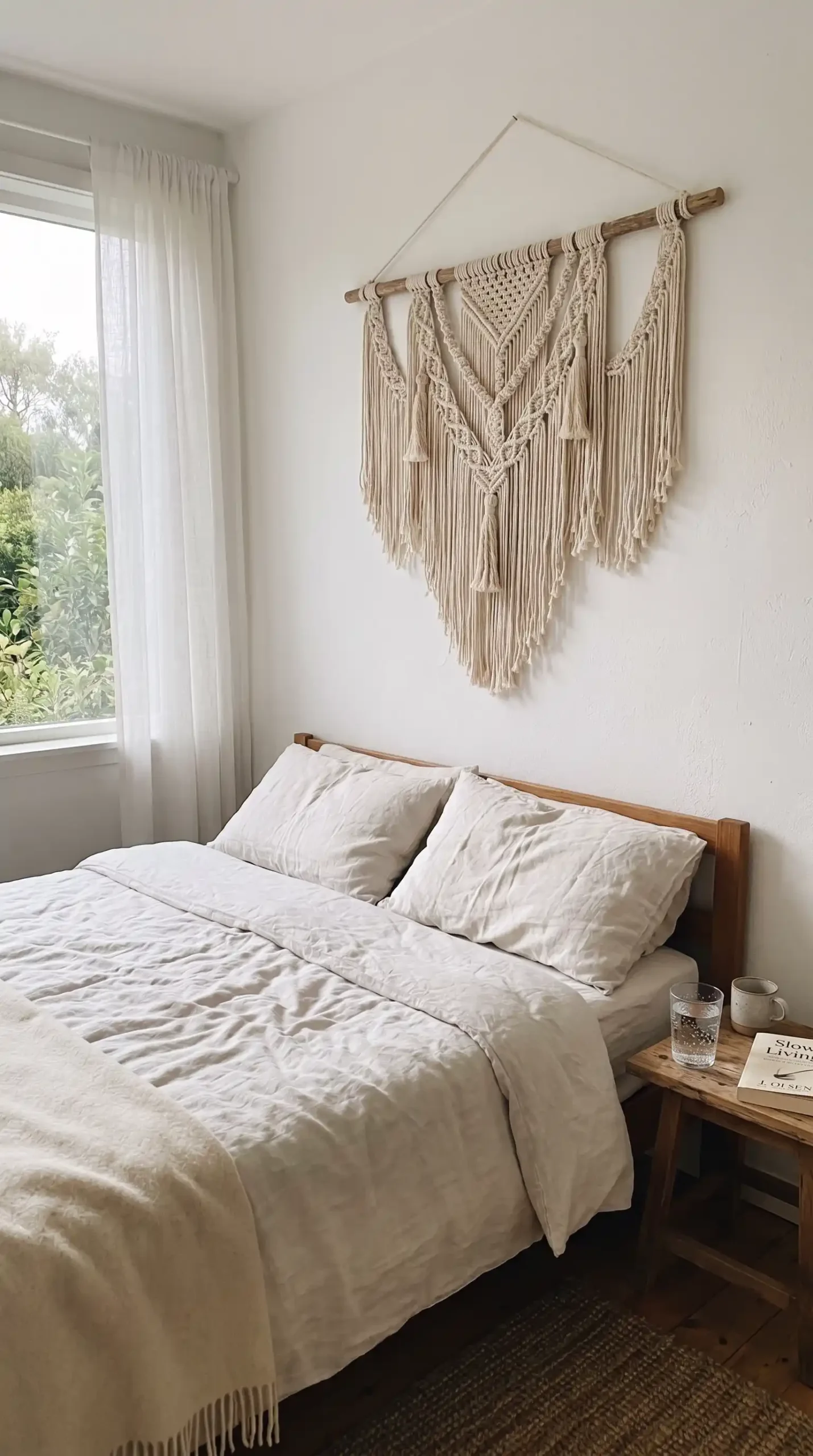Large cream macrame wall hanging above bed with white linen duvet in cozy bedroom